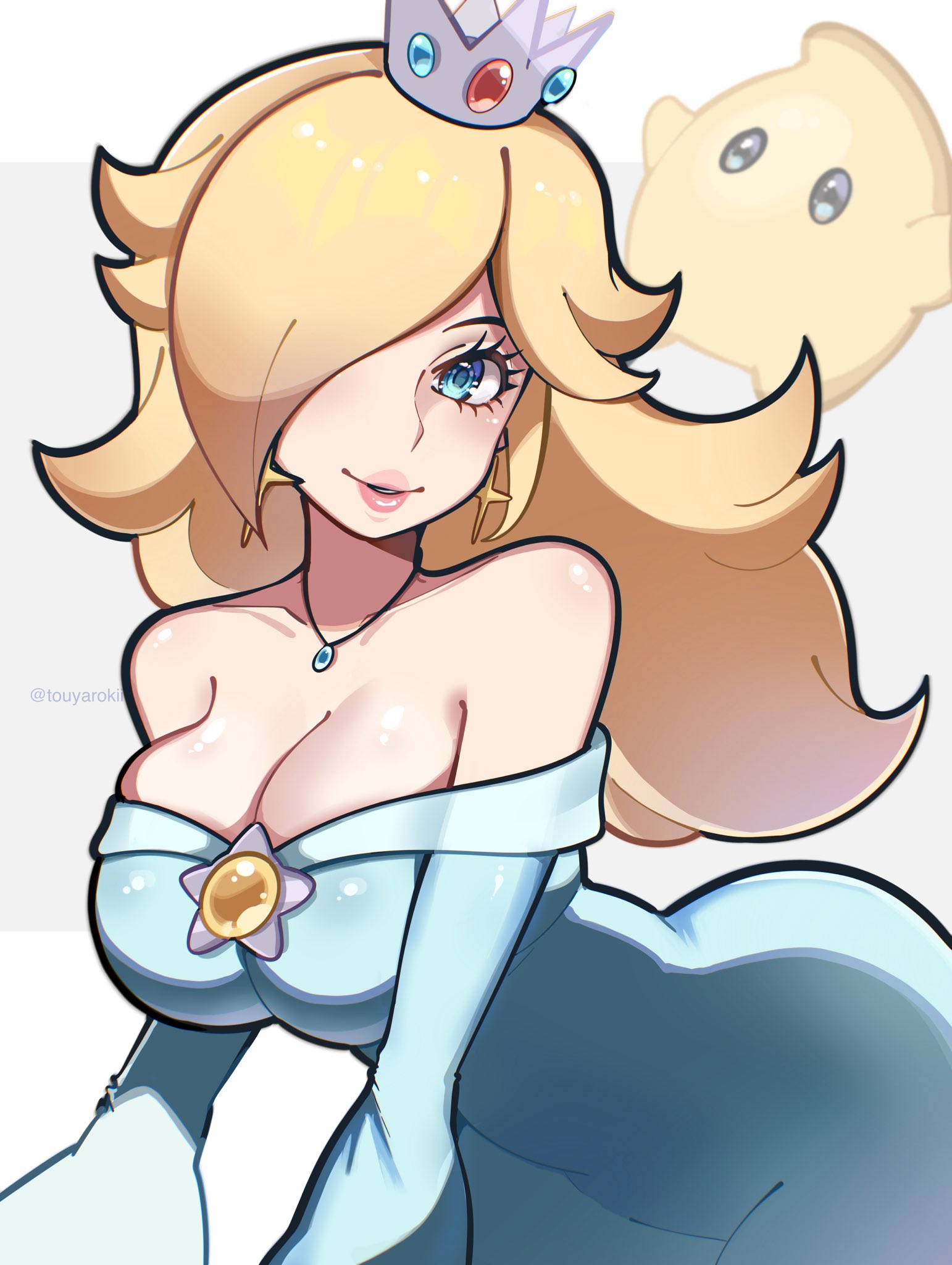 1girls, bare shoulders, blonde hair, blue dress, blue eyes, breasts, brooch, cleavage, commentary, crown, dress, earrings, english commentary, eyelashes, female, female only, highres, jewelry, large breasts, long hair, long sleeves, looking at viewer, luma, mario (series), necklace, nintendo, off shoulder, off-shoulder dress, parted lips, princess rosalina, rosalina, smile, star (symbol), star brooch, star earrings, touyarokii, twitter username