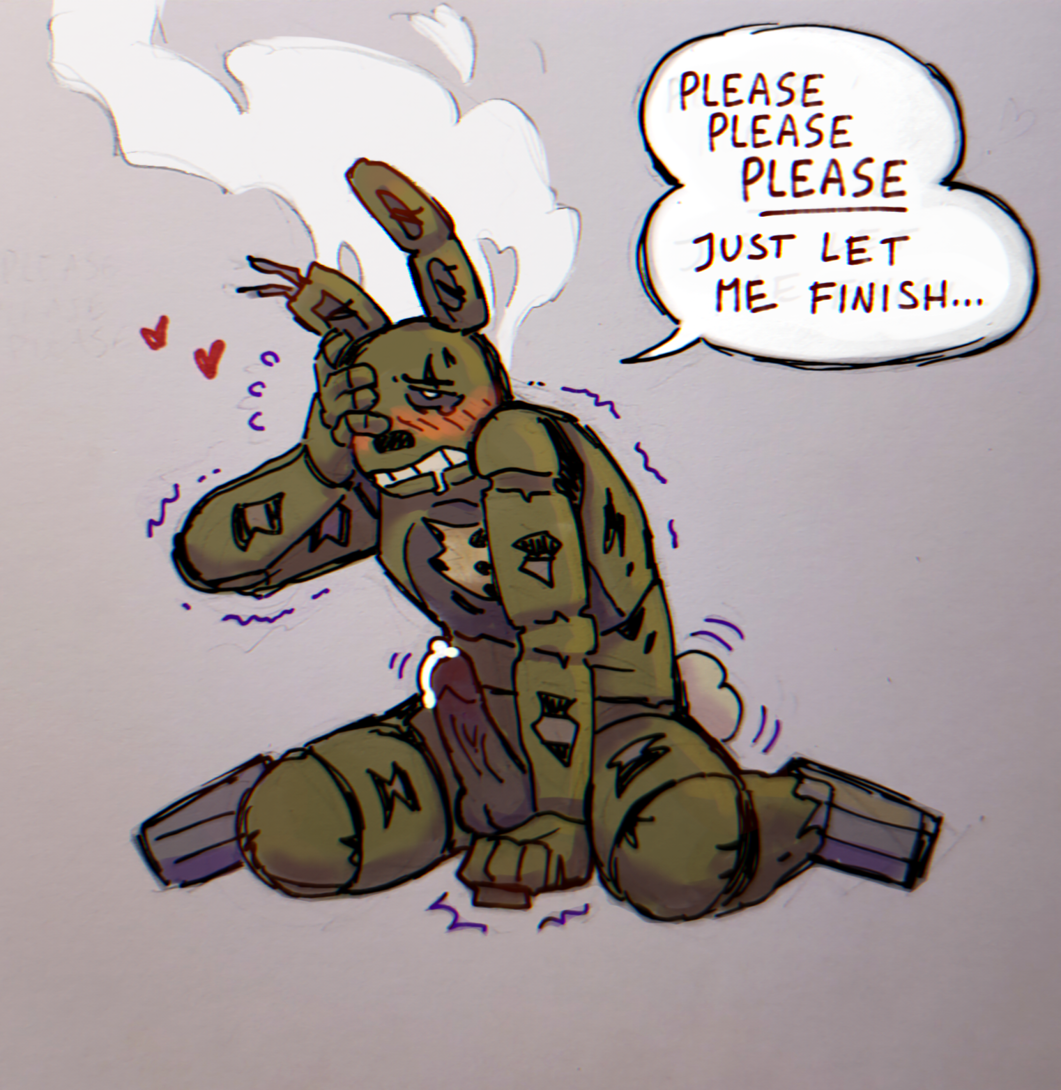 animatronic, begging, blush, blush lines, clenched hand, covering face, dialogue, dominated male, drooling, edging, erect penis, erection, five nights at freddy's, fnaf, humiliated, humiliation, hunched over, kneeling on ground, male only, non-human, non-human head, non-human only, orgasm denial, overheated, overstimulation, pathetic male, penis, precum, ribcage, rolling eyes, shaking, solo, spread legs, springtrap, springtrap (fnaf), steam, struggling, submissive, submissive male, tailwag, tearing up, teasing, trembling, veiny penis, zombie