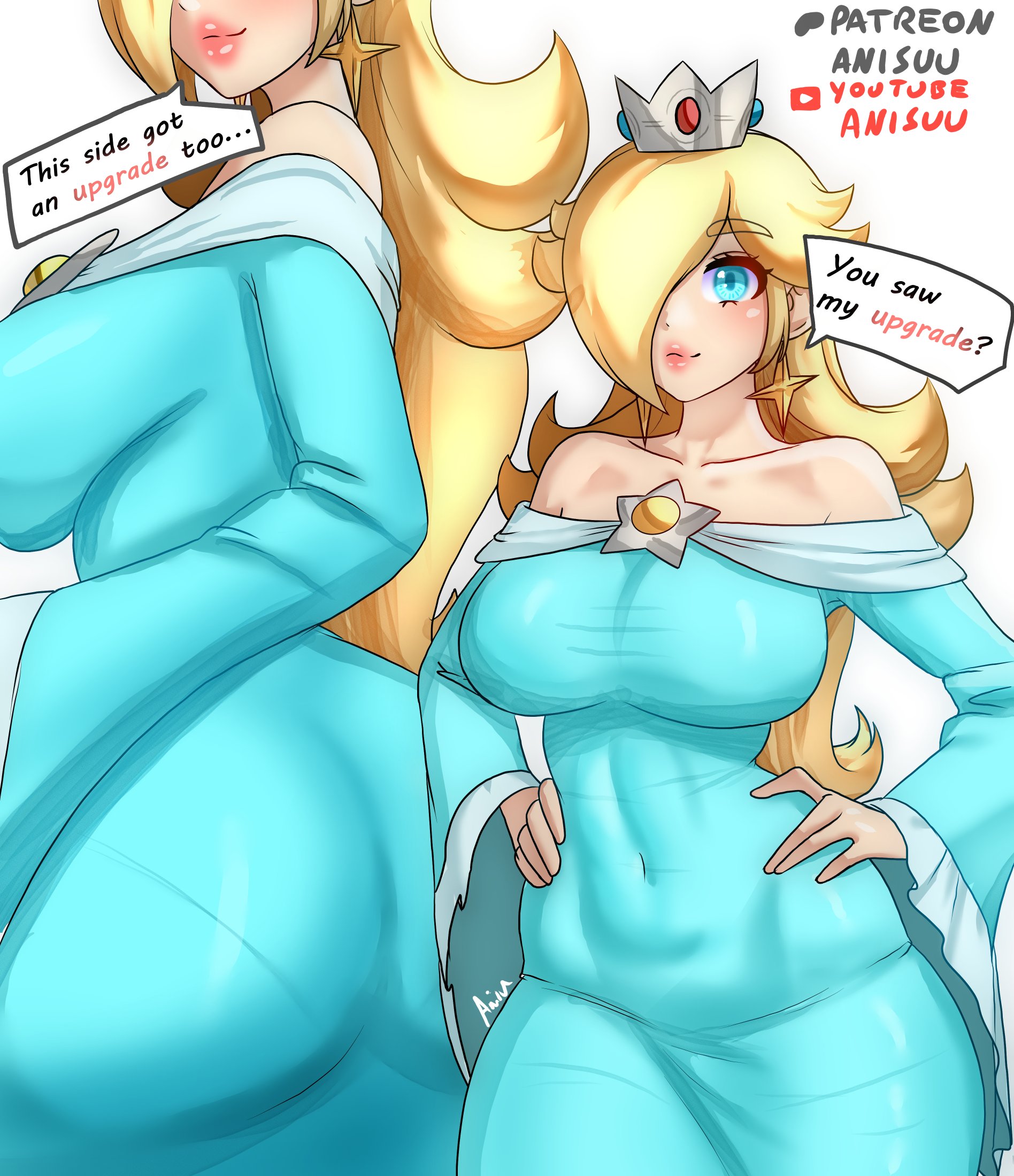 1girls, anisdrawn, ass, breasts, dress, english text, female, female focus, female only, large ass, large breasts, light skin, light-skinned female, mario (series), nintendo, princess rosalina, solo, text, thick thighs, thighs, wide hips