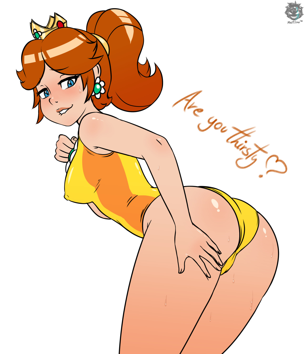 1girls, ass, bedroom eyes, bent over, breasts, cameltoe, female, inviting, inviting to sex, large breasts, looking at viewer, looking back, mario (series), mario and sonic at the olympic games, nintendo, one-piece swimsuit, presenting, presenting hindquarters, princess daisy, princess daisy (gymnastics), pussy, revtilian, seductive, seductive eyes, seductive look, seductive smile, solo, swimsuit, thick thighs, thighs, wide hips