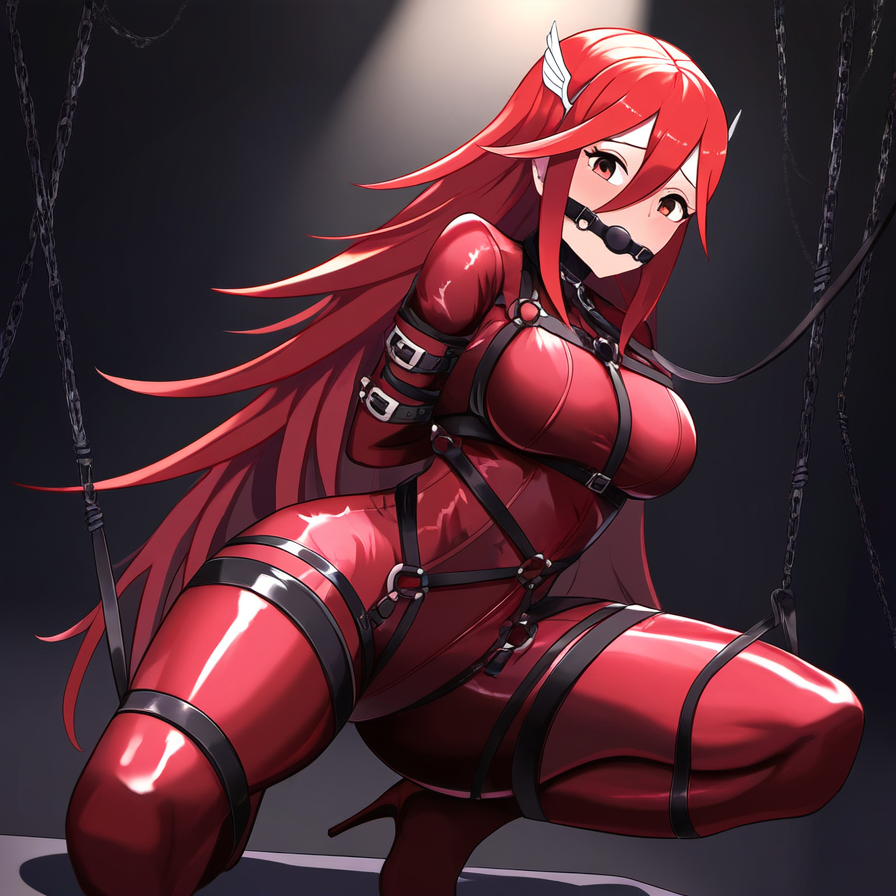 ai_generated ball_gag bondage chains cordelia_(fire_emblem) fire_emblem fire_emblem_awakening gag highheels latex latex_suit novelai red_eyes red_hair straps