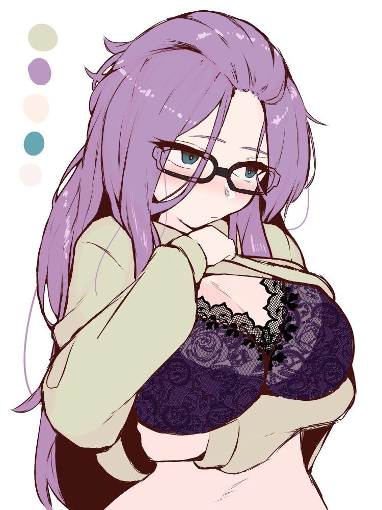 arm_under_breasts bangs_pinned_back black-framed_eyewear blue_eyes blush bra breasts cleavage closed_mouth female glasses green_sweater huge_breasts kagamihara_sakura lace-trimmed_bra lace_trim long_hair long_sleeves purple_bra purple_hair shiawase_hougan simple_background solo sweater underwear upper_body very_long_hair white_background yurucamp