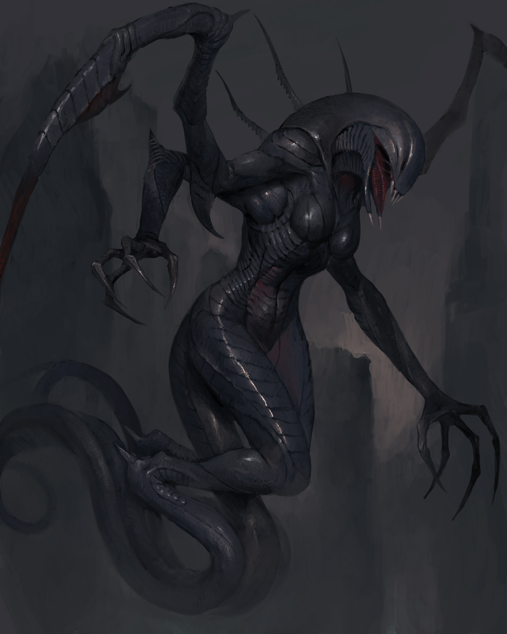 1girls, 2d, alien, alien girl, alien humanoid, breasts, claws, evolve, female, female only, monster, oleg bulakh, saliva, saliva string, solo, solo female, tail, thick thighs, tongue, tongue out, wraith (evolve)