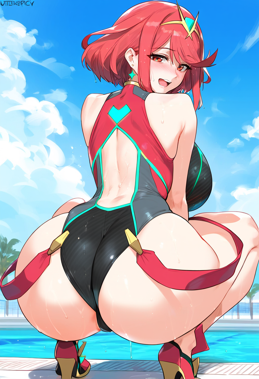 1girls, 2024, ai generated, ass, bare arms, bare legs, bare shoulders, bare thighs, big ass, big breasts, big butt, blush, boxcancel, breasts, female, hi res, jewelry, large breasts, light skin, light-skinned female, looking at viewer, looking back, nintendo, pyra, pyra (xenoblade), red eyes, red hair, short hair, thick thighs, water, xenoblade (series), xenoblade chronicles 2