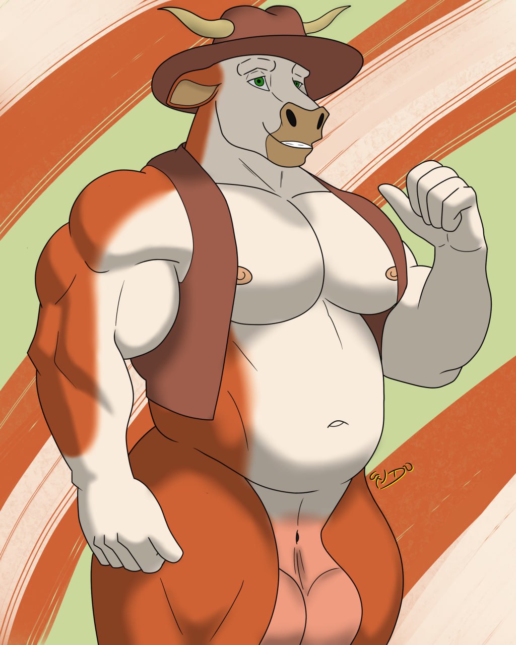 anthro balls big_balls bovid bovine cattle hi_res male male_only male_sans_penis mammal musclegut muscular nexusdeathclaw penectomy solo