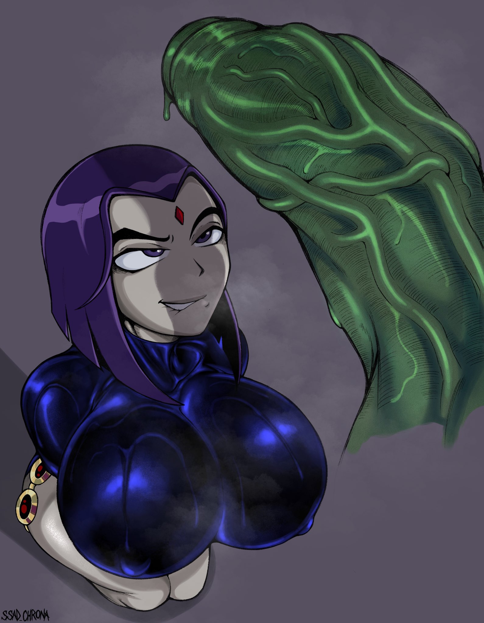 1boy, 1girls, beast boy, belt, breasts, canon couple, chrona draws, clothed, clothed female, dc, dc comics, erection, female, garfield logan, goth, green penis, green skin, grey skin, huge breasts, huge cock, hyper penis, leotard, male, male/female, penis, purple eyes, purple hair, rachel roth, raven (dc), teen titans, uncensored, veiny penis