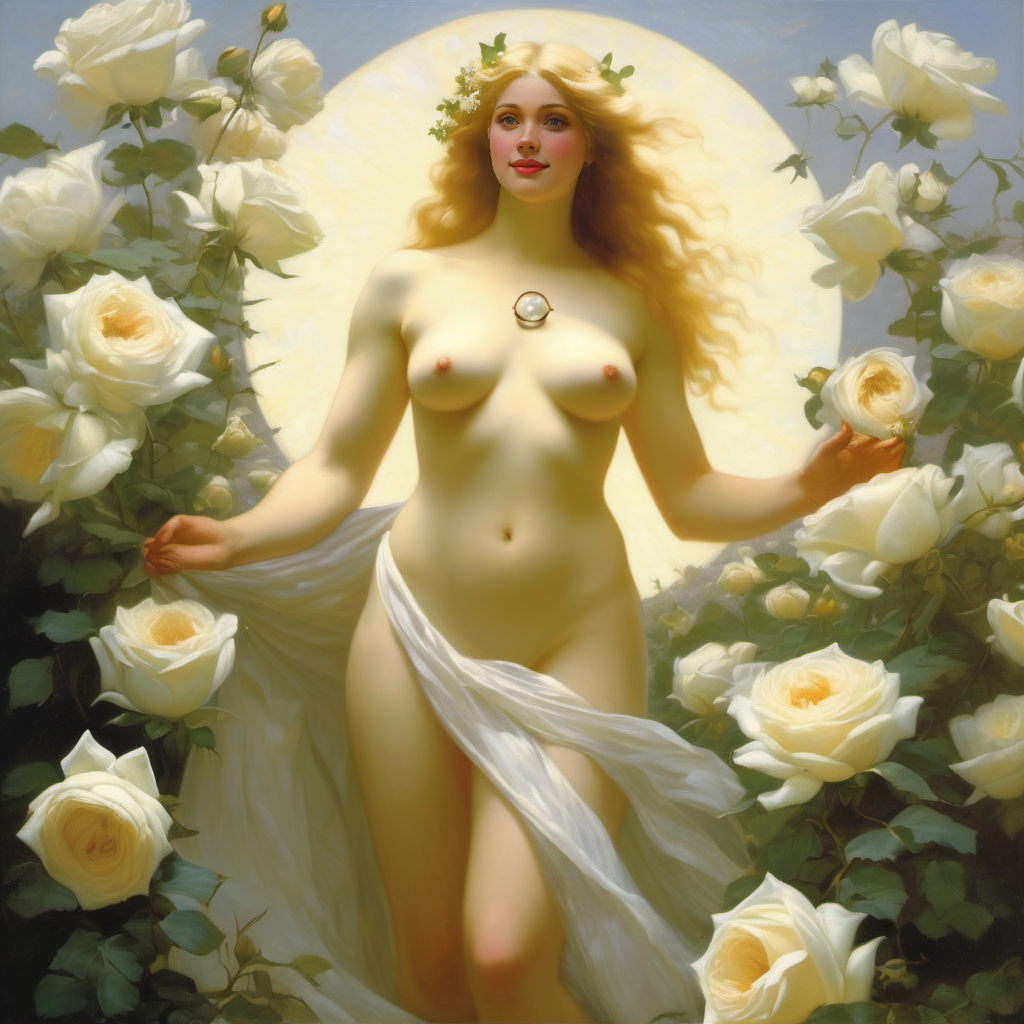 ai_generated belly blonde_hair blue_eyes breasts curly_hair curvy female flower flowers lips long_hair medium_breasts navel nipples nude presenting realistic rose_(flower) smile solo white_rose william_bouguereau