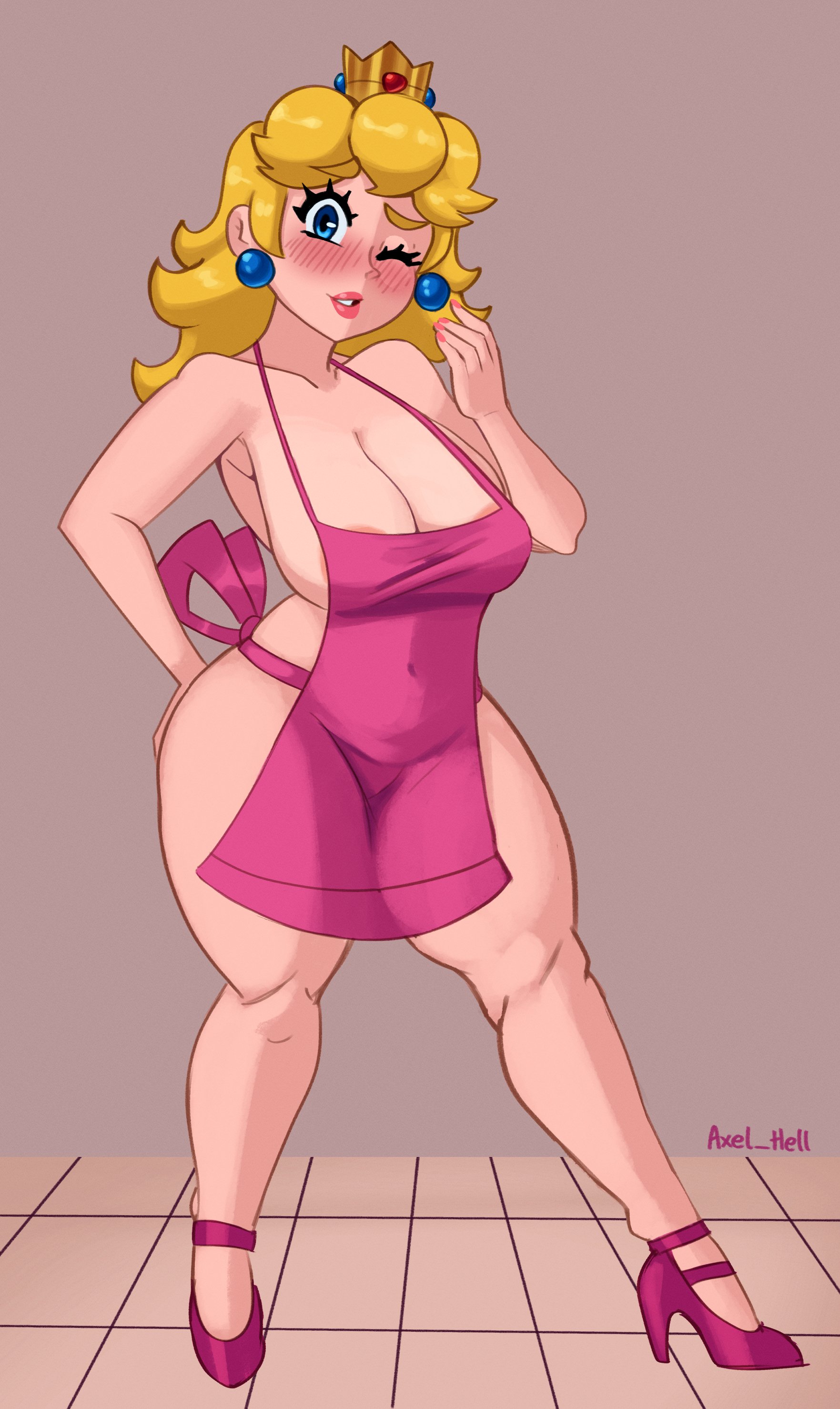 1girls, 2024, 2d, 2d (artwork), absurd res, absurdres, alternate version available, apron, apron only, areolae, armpits, ass, axel hell, belly button, belly button visible through clothing, big breasts, blonde hair, blue earrings, blue eyes, blush, blushing, blushing at viewer, breasts, cleavage, crown, digital drawing (artwork), digital media (artwork), earrings, female, female focus, female only, full body, hand on ass, hand on butt, heels, hi res, high heels, highres, large breasts, long hair, looking at viewer, mario (series), mostly nude, naked apron, navel, navel visible through clothes, nintendo, one eye closed, painted nails, pink apron, pink heels, pink high heels, pink lips, pink lipstick, pink nails, princess peach, raised arm, smile, solo, solo female, solo focus, standing, thick thighs, thighs, watermark, wide hips, winking, winking at viewer