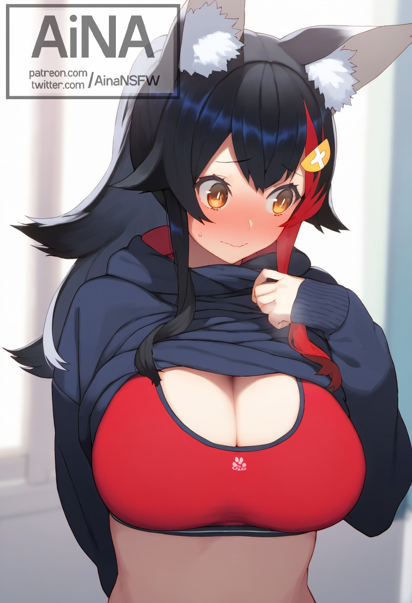 1girls, ai generated, ainansfw, animal ears, black hair, black hoodie, blush, breasts, cleavage, closed mouth, embarrassed, female, hololive, hololive gamers, hololive japan, hoodie, large breasts, long hair, looking away, ookami mio, shirt lift, solo, sports bra, upper body, virtual youtuber, vtuber, watermark, wolf ears, yellow eyes