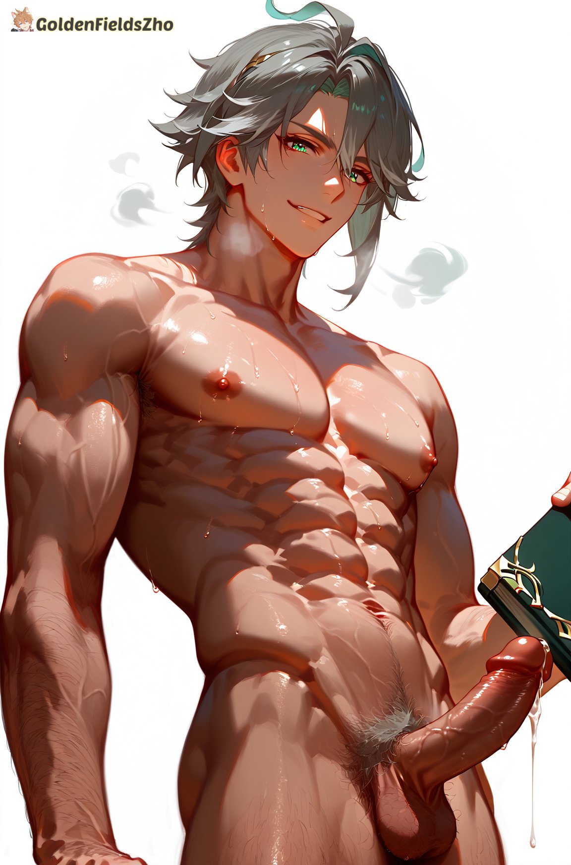 1boy abs ahoge ai_generated alhaitham_(genshin_impact) bara completely_nude cum erection genshin_impact goldenfieldszho green_eyes grey_hair holding large_pectorals large_penis looking_at_viewer male_focus male_only male_pubic_hair muscular muscular_male navel nipples nude pectorals penis pubic_hair short_hair simple_background smile solo stomach sweat testicles uncensored veins veiny_penis white_background