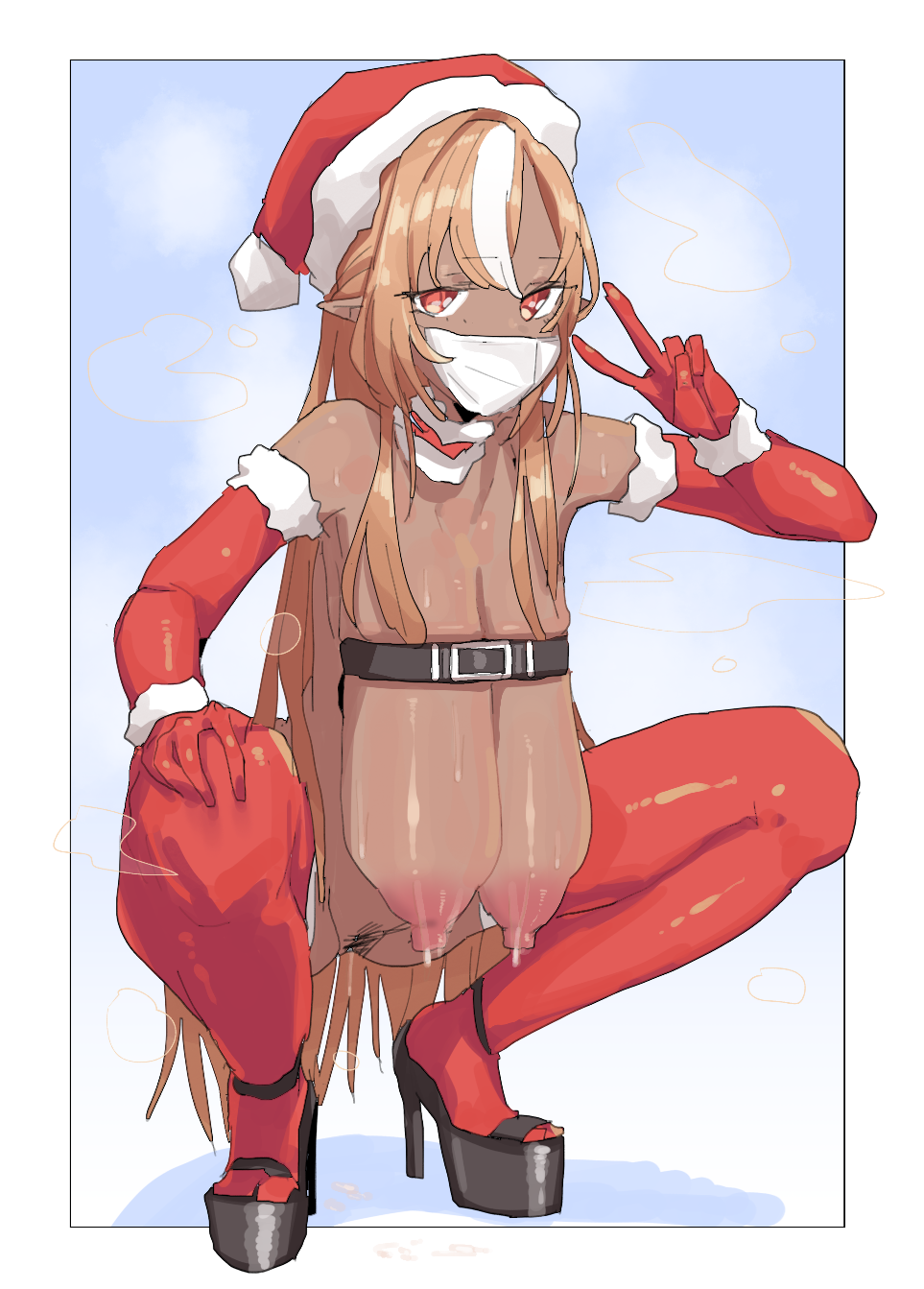 1girls areola areolae arm_sleeves bangs bangs_between_eyes belt black_belt blonde_female blonde_hair breast_belt breast_milk breasts buckle censor_bar censored christmas collar dark-skinned_female dark_skin druid elf elf_ears face_mask facemask female fur_collar fur_trim fur_trim_(clothing) hair_between_eyes high_heels hololive hololive_fantasy hololive_japan large_breasts leaking leaking_breasts leaking_milk leebongchun long_breasts long_hair mask masked masked_female nipple peace_sign pointy_ears red_eyes red_gloves red_nippls red_sleeves red_thighhighs sagging_breasts santa_bikini shiranui_flare sidelocks sleeve_gloves solo squatting stiletto stilettos streaked_hair sweat sweaty sweaty_breasts thighhighs two_tone_hair v very_long_hair virtual_youtuber white_hair white_mask