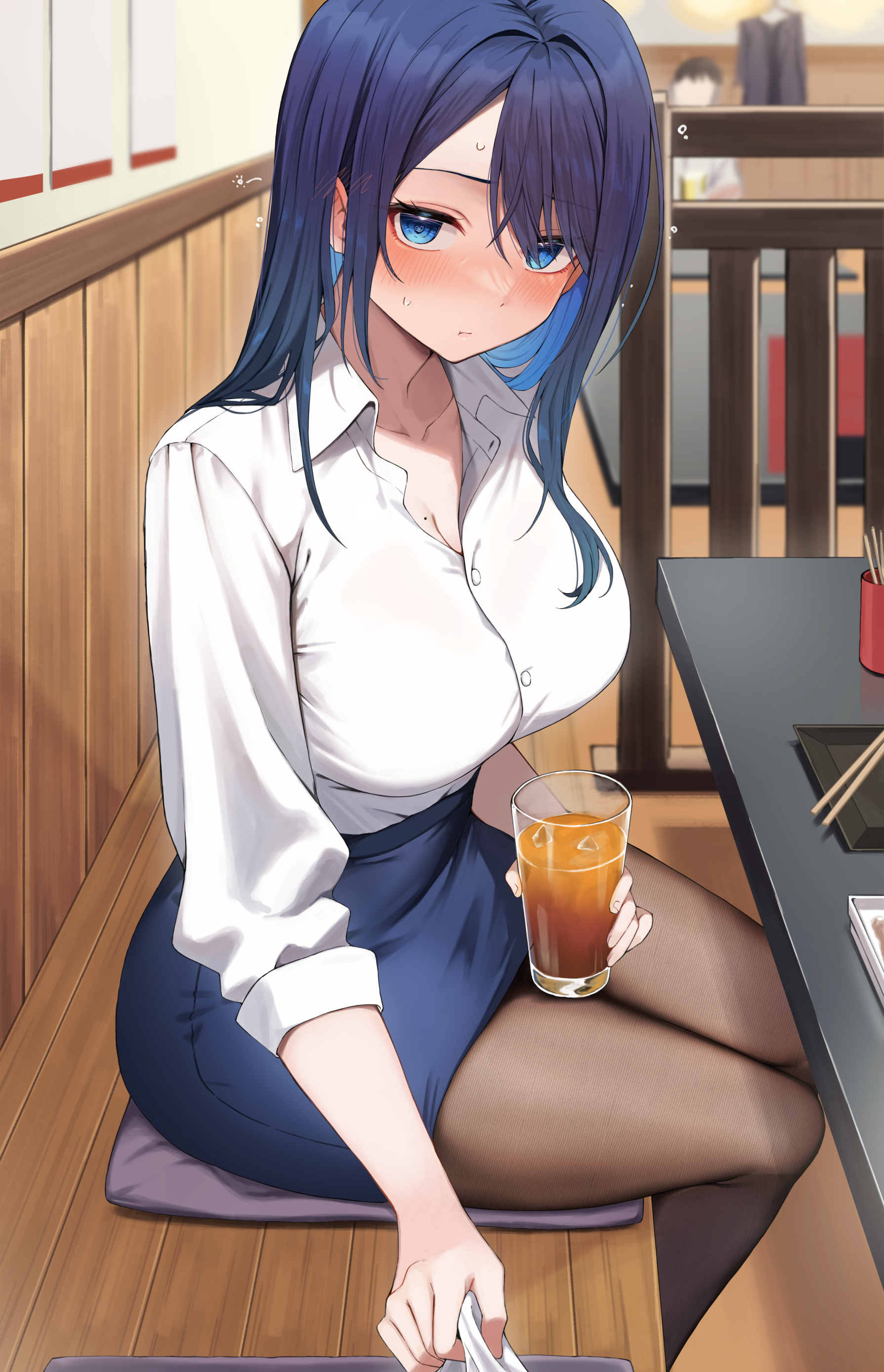 1girls, alcohol, blouse, blue eyes, blue hair, blush, breasts, chopsticks, cleavage, clothing, drink, drunk, eye contact, female, female only, fully clothed, glasses, holding drink, large breasts, looking at viewer, mature female, miniskirt, mole, mole on breast, office lady, original, original character, pantyhose, pov, restaurant, shirt pull, sitting, skirt, sweat, table
