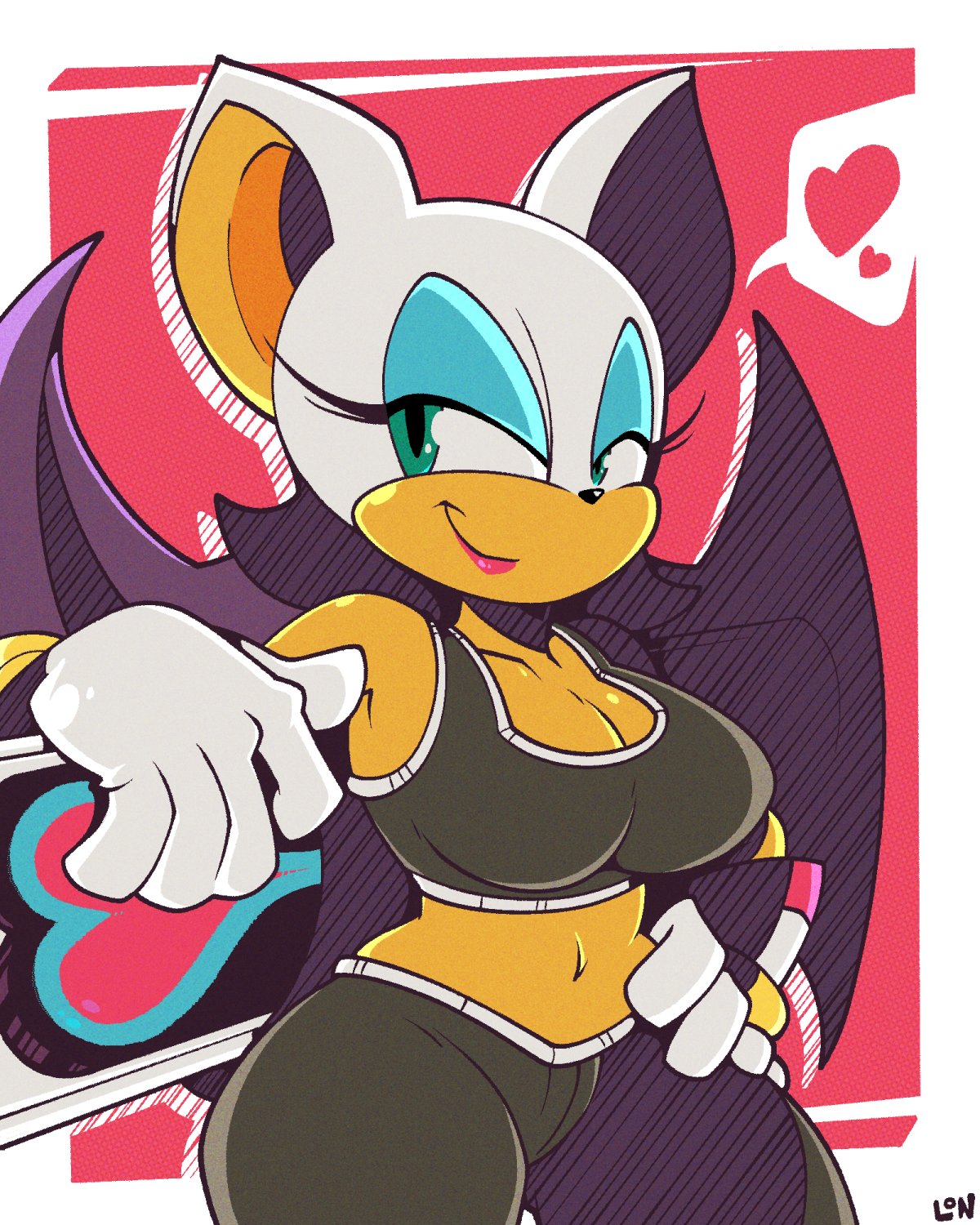 1girls anthro bat bat_humanoid bat_wings chiropteran curvy female green_eyes gym_clothes gym_shorts legendofnerd mobian_(species) rouge_the_bat smile solo sonic_(series) temptation_(hoverboard) white_hair wings