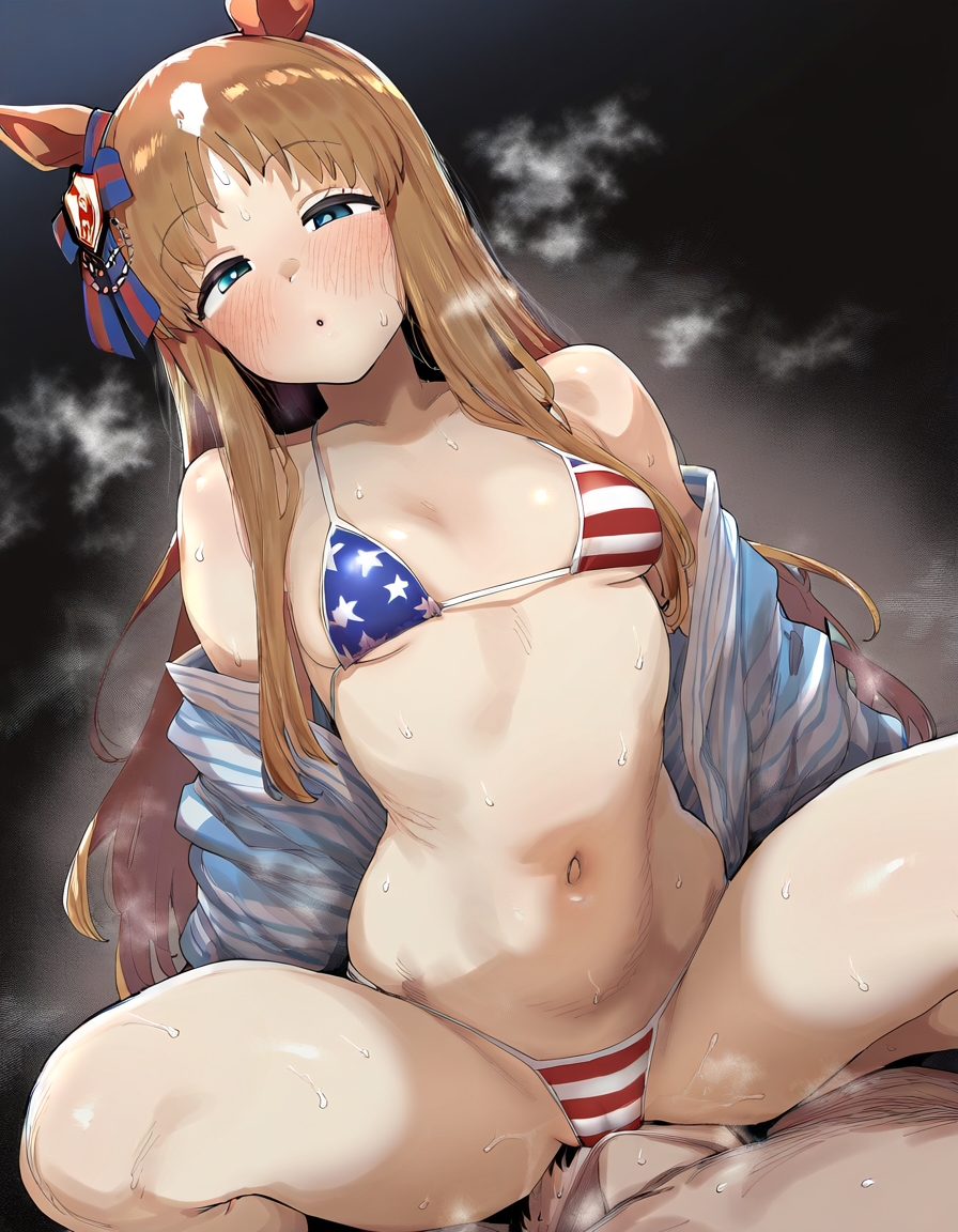 ai_generated american_flag_bikini animal_ears blue_eyes female grass_wonder_(umamusume) hair_accessory horse_girl light_brown_hair long_hair markings_on_head umamusume umamusume_pretty_derby