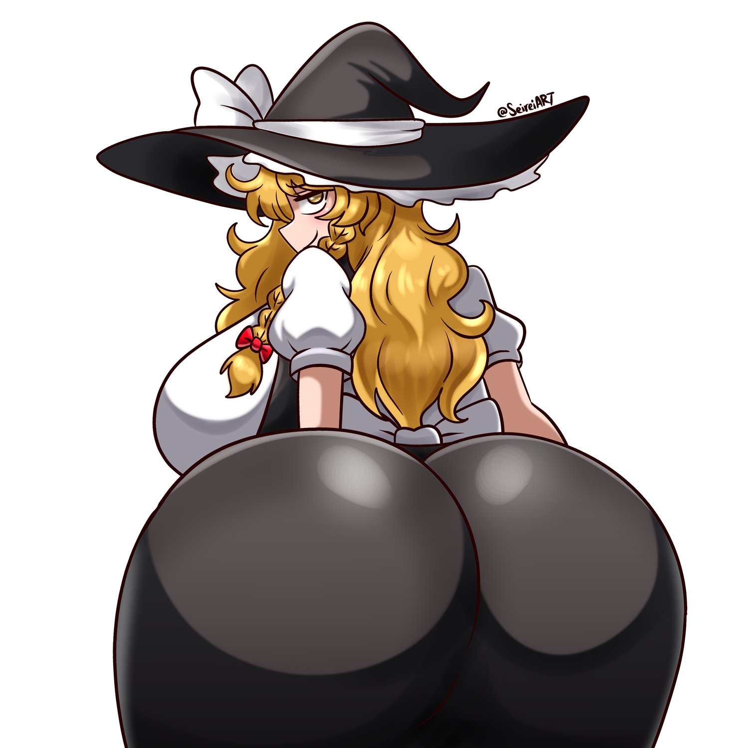 1girls, artist name, ass, ass focus, back view, big ass, big breasts, blonde hair, blush, breasts, clothed female, female, hat, huge ass, huge breasts, kirisame marisa, light skin, light-skinned female, long hair, looking at viewer, looking back, marisa kirisame, rear view, seireiart, solo, solo female, tight clothing, touhou, watermark, white background, witch, witch hat, yellow eyes