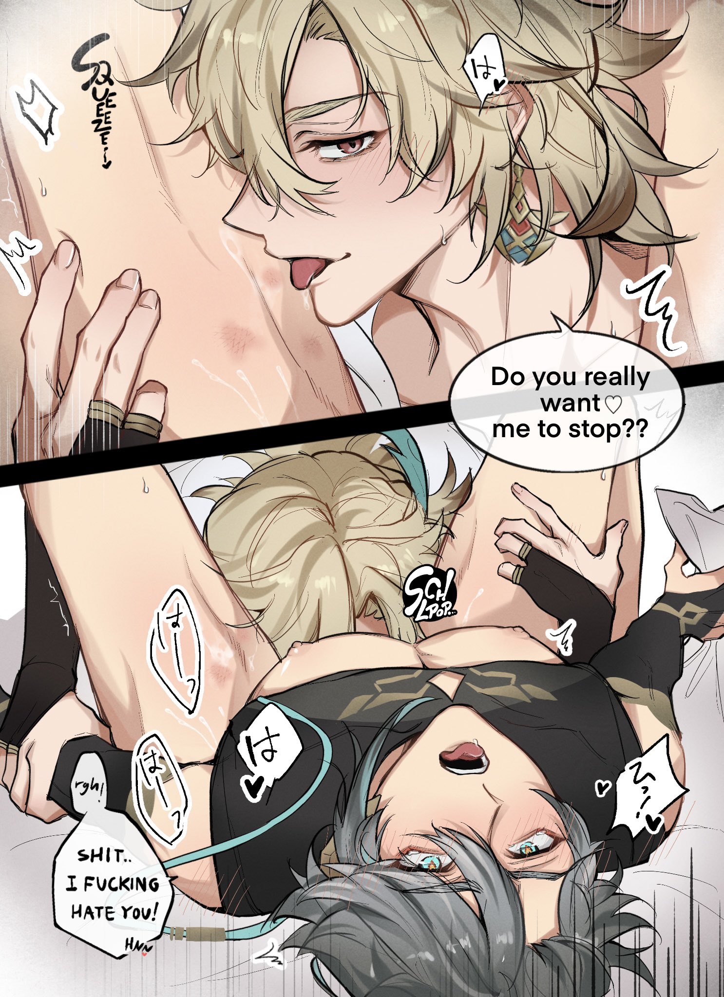 ahe gao, alhaitham (genshin impact), blushing, genshin impact, kaveh (genshin impact), male, male only, upside down ahegao, upside-down, yaoi