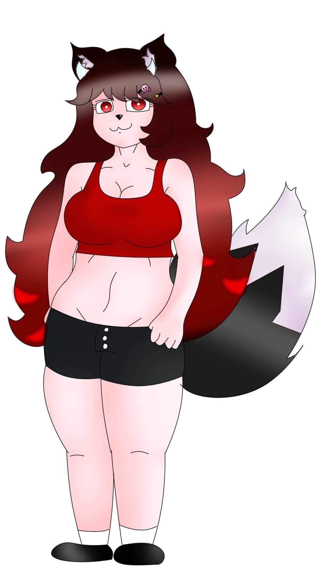 1girls demon_girl female horns julie_(demondarky) light-skinned_female light_skin red_eyes red_hair red_top shorts simple_background smiling_at_viewer solo solo_female tagme white_background wolf_ears wolf_girl wolf_tail