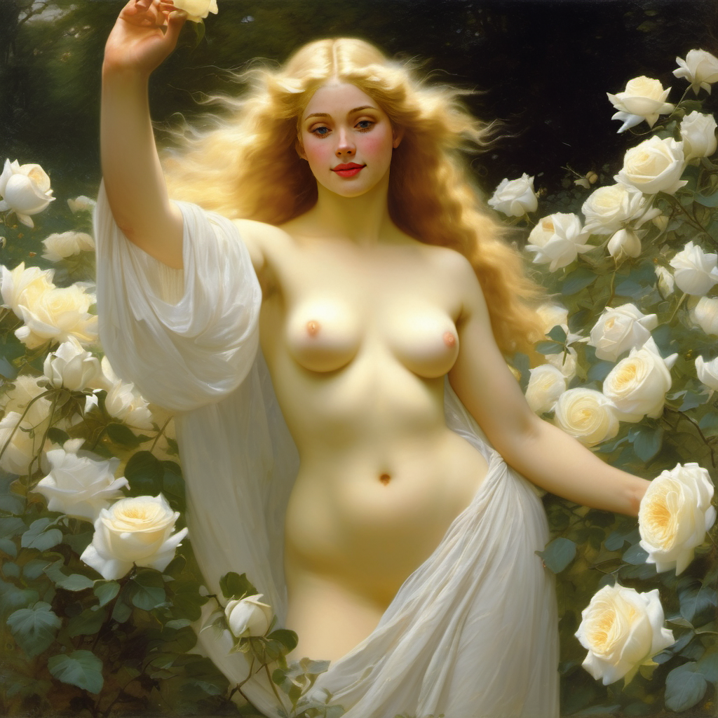 ai_generated belly blonde_hair blue_eyes breasts curly_hair curvy female flower flowers lips long_hair medium_breasts navel nipples nude presenting realistic rose_(flower) smile solo white_rose william_bouguereau