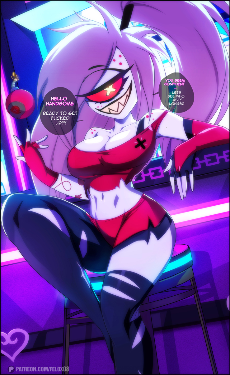 1girls bare_shoulders big_breasts bomb cherri_bomb_(hazbin_hotel) clothed clothing color demon demon_girl english_text felox08 female female_focus female_only hazbin_hotel hi_res large_breasts light-skinned_female light_skin long_hair looking_at_viewer red_eyes ripped_clothing sharp_teeth sitting solo solo_female tagme text text_bubble thick_thighs white_hair