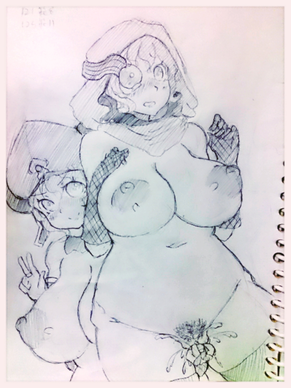 2girls areolae arm_warmers belly blush breasts cressa_tal_(warframe) curvy eye_patch fat_mons female fingering gloves gradient_background hood huge_breasts lotus_(warframe) maboroshi_kirin monochrome multiple_girls nipples nude plump pubic_hair puffy_nipples pussy pussy_juice sketch smile standing surprised sweat thick_thighs thighhighs uncensored v warframe yuri