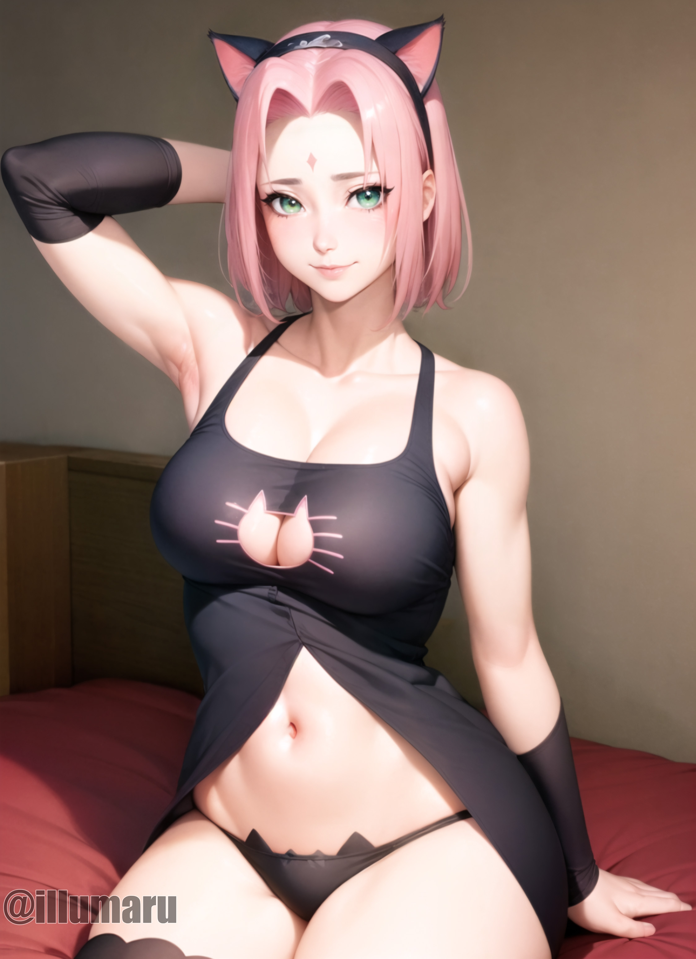 1girls, 2024, ai generated, animal ears, bra, breasts, cat ears, cat girl, choker, detailed, fake animal ears, female, female only, green eyes, hair ornament, hi res, illumaru, legwear, looking at viewer, medium breasts, midriff, naruto, naruto (series), naruto shippuden, panties, pink hair, sakura haruno, seductive smile, sitting, sitting on bed, solo, solo focus, spread legs, squatting, stable diffusion, stockings, strap pull, thick thighs, thighhighs, underwear