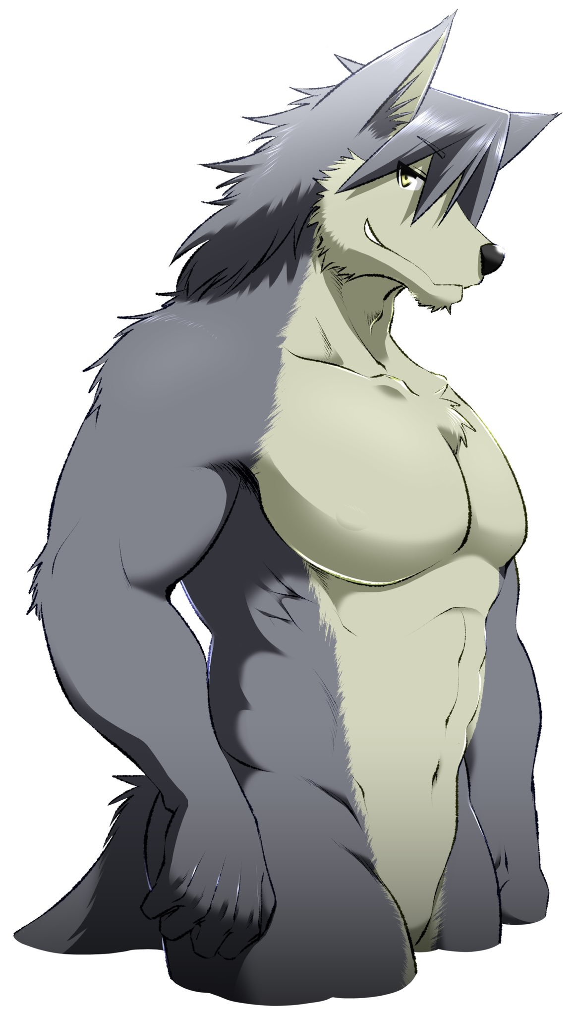 1boy abs animal_ears bad_id bad_twitter_id bara completely_nude dog_boy dog_ears dog_tail furry furry_male highres kouya_aotsuki looking_at_viewer male_focus morenatsu muscular muscular_male no_penis nude pectorals profile samoji_(beastlover) smile tail white_background yellow_eyes