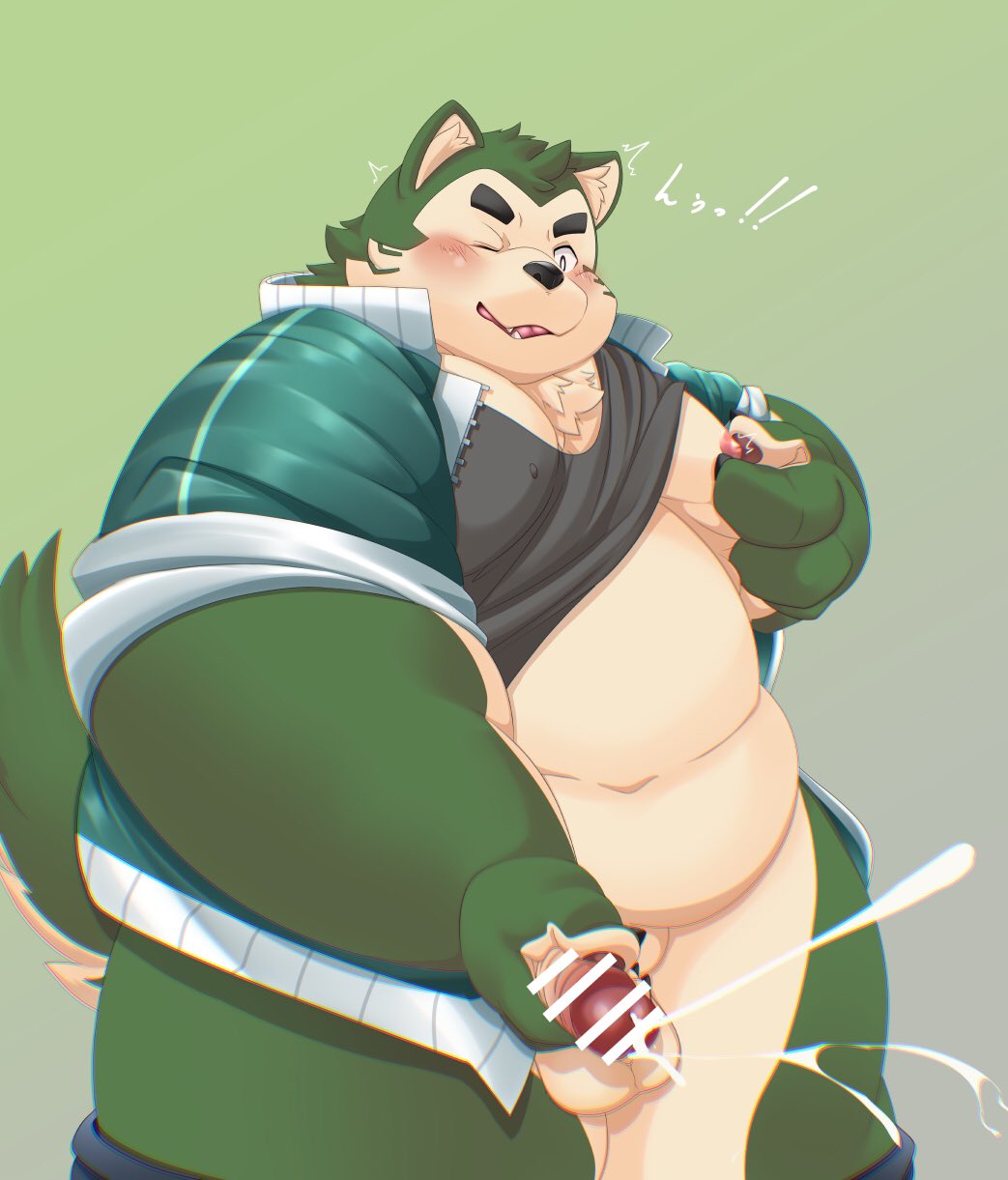 2024 anthro belly big_belly blush bodily_fluids canid canine canis censored clothed clothing cum domestic_dog ejaculation genital_fluids green_body hi_res humanoid_hands kemono lifewonders live_a_hero male mammal masturbation mokdai moobs nipples overweight overweight_male raised_clothing raised_shirt raised_topwear shirt simple_background solo tolsche topwear