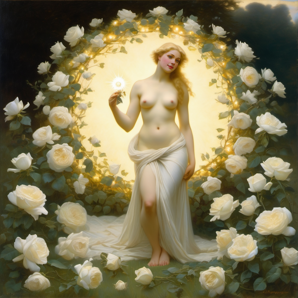 ai_generated belly blonde_hair blue_eyes breasts curly_hair curvy female flower flowers light lips long_hair medium_breasts navel nipples nude portal portal_ring presenting realistic rose_(flower) smile solo tunnel white_rose william_bouguereau