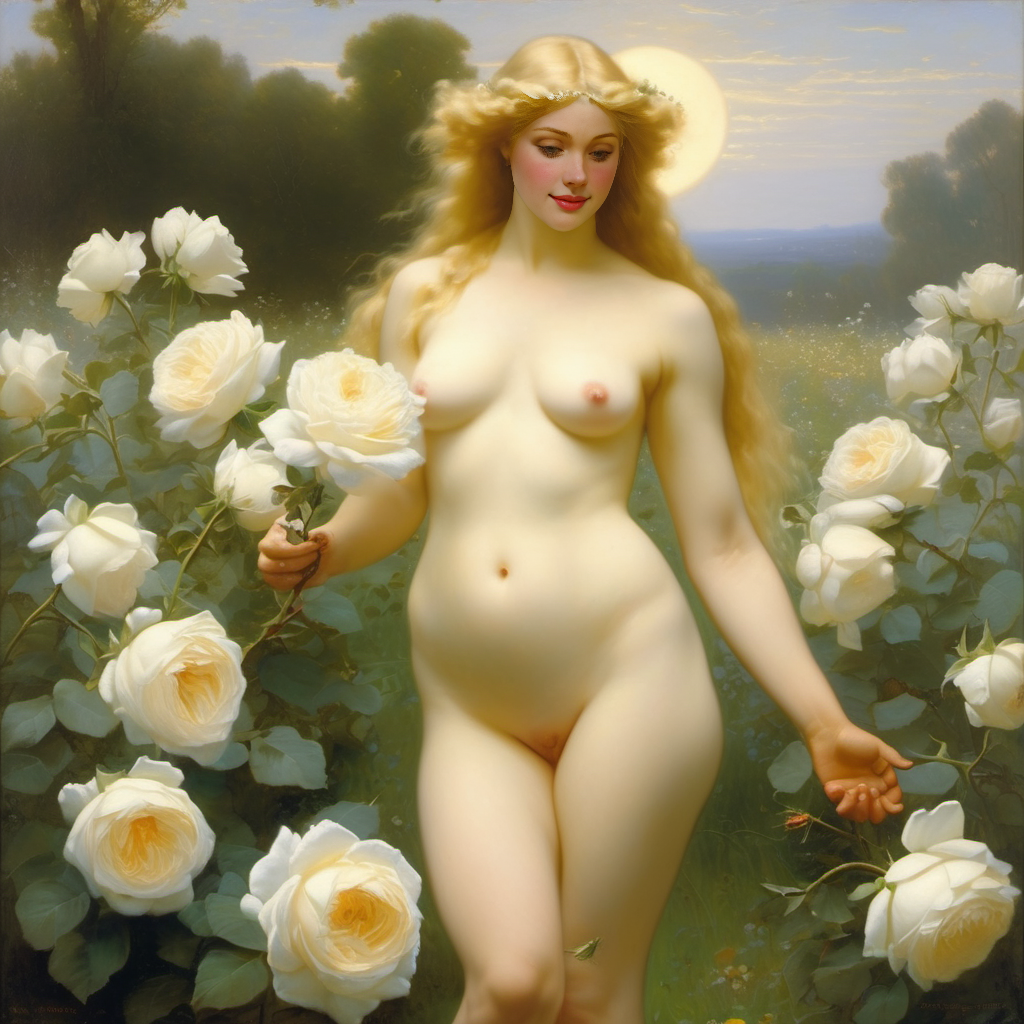 1girls ai_generated belly blonde_hair blue_eyes breasts curly_hair curvy female female_only flower flowers lips long_hair medium_breasts navel nipples nude presenting realistic rose_(flower) smile solo white_rose william_bouguereau