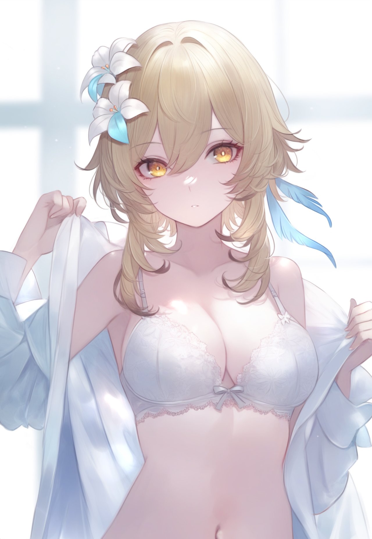 blonde hair, cute, female, genshin impact, lumine (genshin impact), off shoulder, pale skin, solo female, undressing, yellow eyes