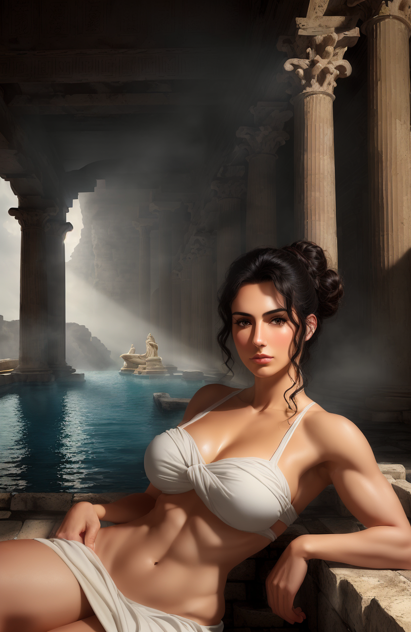 ai_generated athena athena_(greek_mythology) athletic_female bathhouse black_hair brown_eyes goddess greece greek greek_mythology hair_bun medium_breasts muscles muscular_female mythology olympus outdoors silver_eyes virgin water