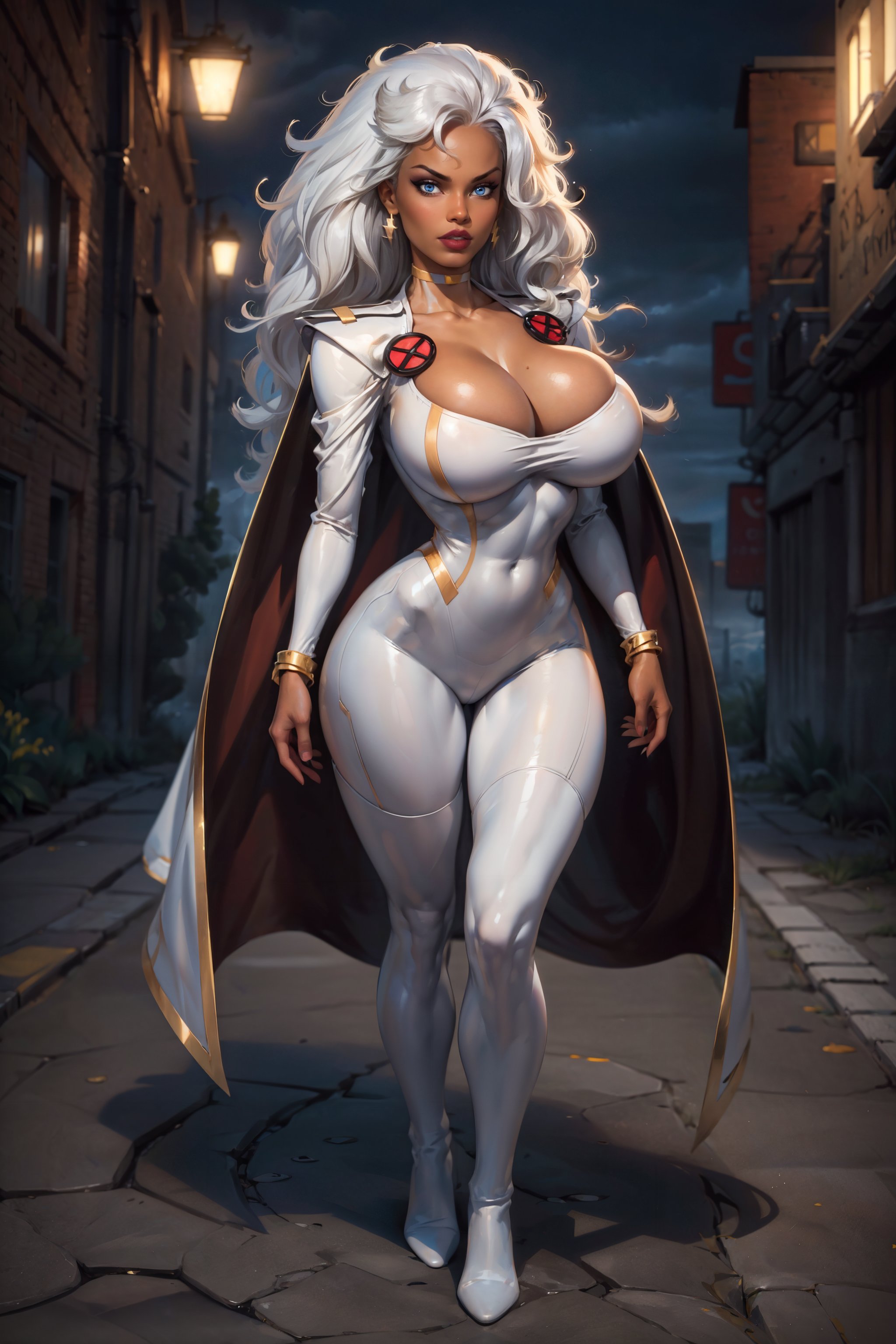 1girls, ai generated, avengers, big breasts, breasts, dark skin, dark-skinned female, female, league69, long hair, looking at viewer, marvel, marvel comics, ororo munroe, solo, storm (x-men), white hair, x-men