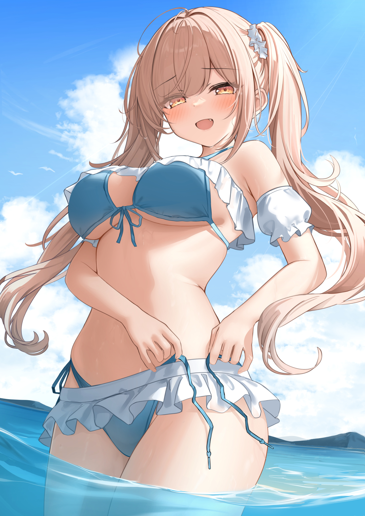 amber eyes, bikini, blue bikini, blue sky, blush, breasts, brown eyes, brown hair, cloud, commentary request, cute fang, day, female, frilled bikini, frills, highres, imouto-chan (monaka curl), large breasts, long hair, looking at viewer, monaka curl, ocean, oerba yun fang, open mouth, original, sky, smile, solo, swimsuit, twintails