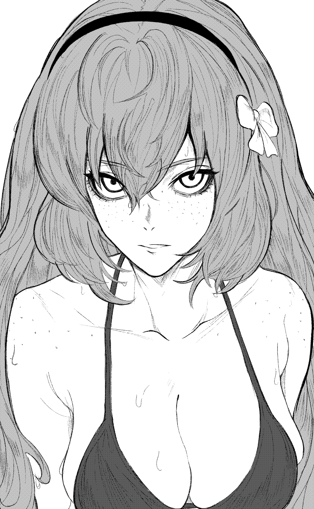 1girls, alternate breast size, artist request, big breasts, bra, breasts, female, female only, freckles, hair band, hair ribbon, ishmael (limbus company), large breasts, limbus company, long hair, looking at viewer, no color, project moon, sagging breasts, solo, sweat