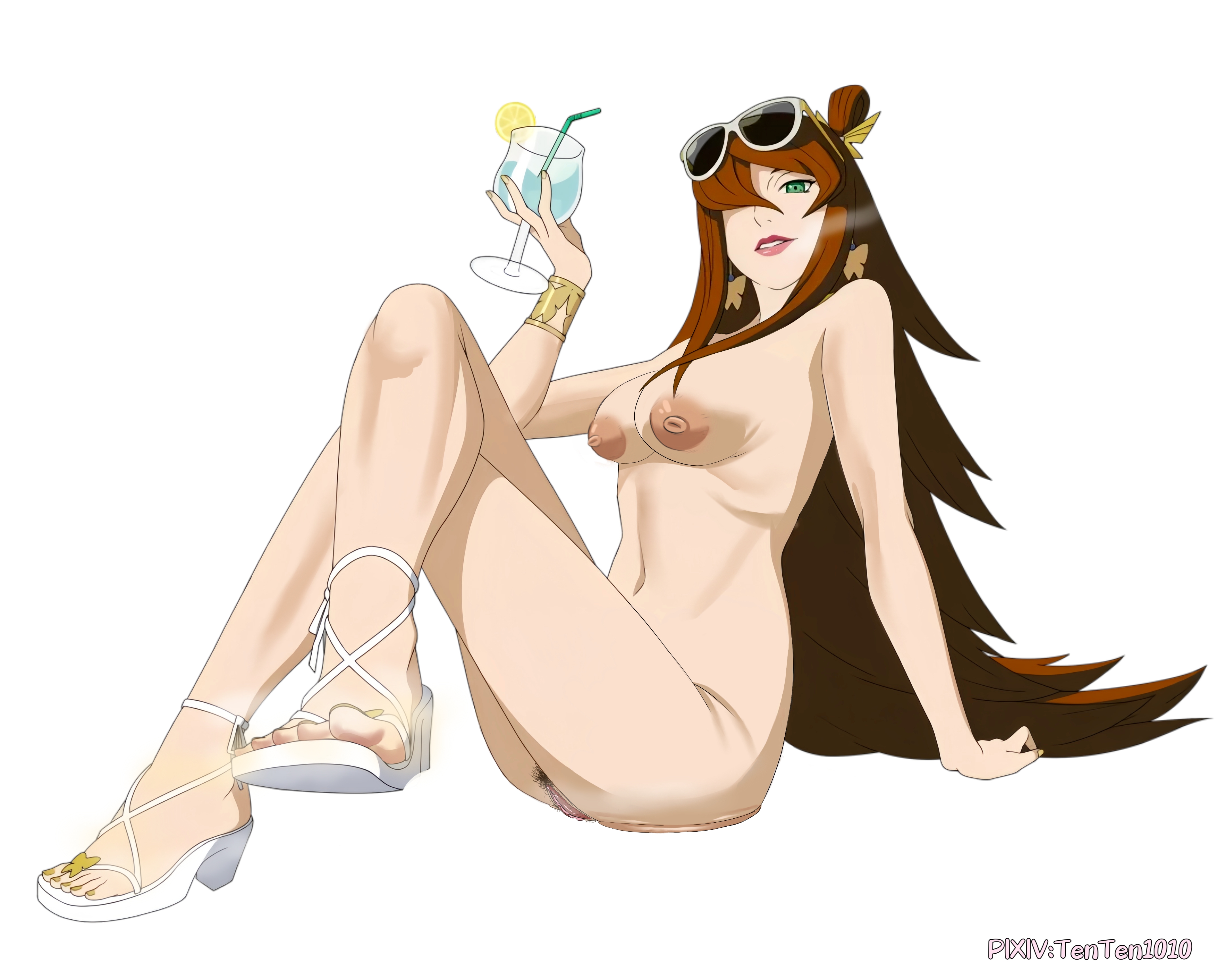 1girls, accessory, accurate art style, arm support, ass, ass press, big breasts, bracelet, breasts, brown hair, crossed legs, drink, earrings, edit, feet, female, female only, female pubic hair, glass, green eyes, holding object, jewelry, large breasts, light skin, light-skinned female, lipstick, long hair, makeup, mature, mature female, mei terumi, milf, nail polish, naruto, naruto (series), naruto shippuden, nipples, nude edit, nude filter, official art, pale skin, plain background, pubic hair, puffy nipples, sagging breasts, sandals, simple background, solo, sunglasses, sunglasses on head, tenten1010, third-party edit, toes, very long hair, watermark, white background