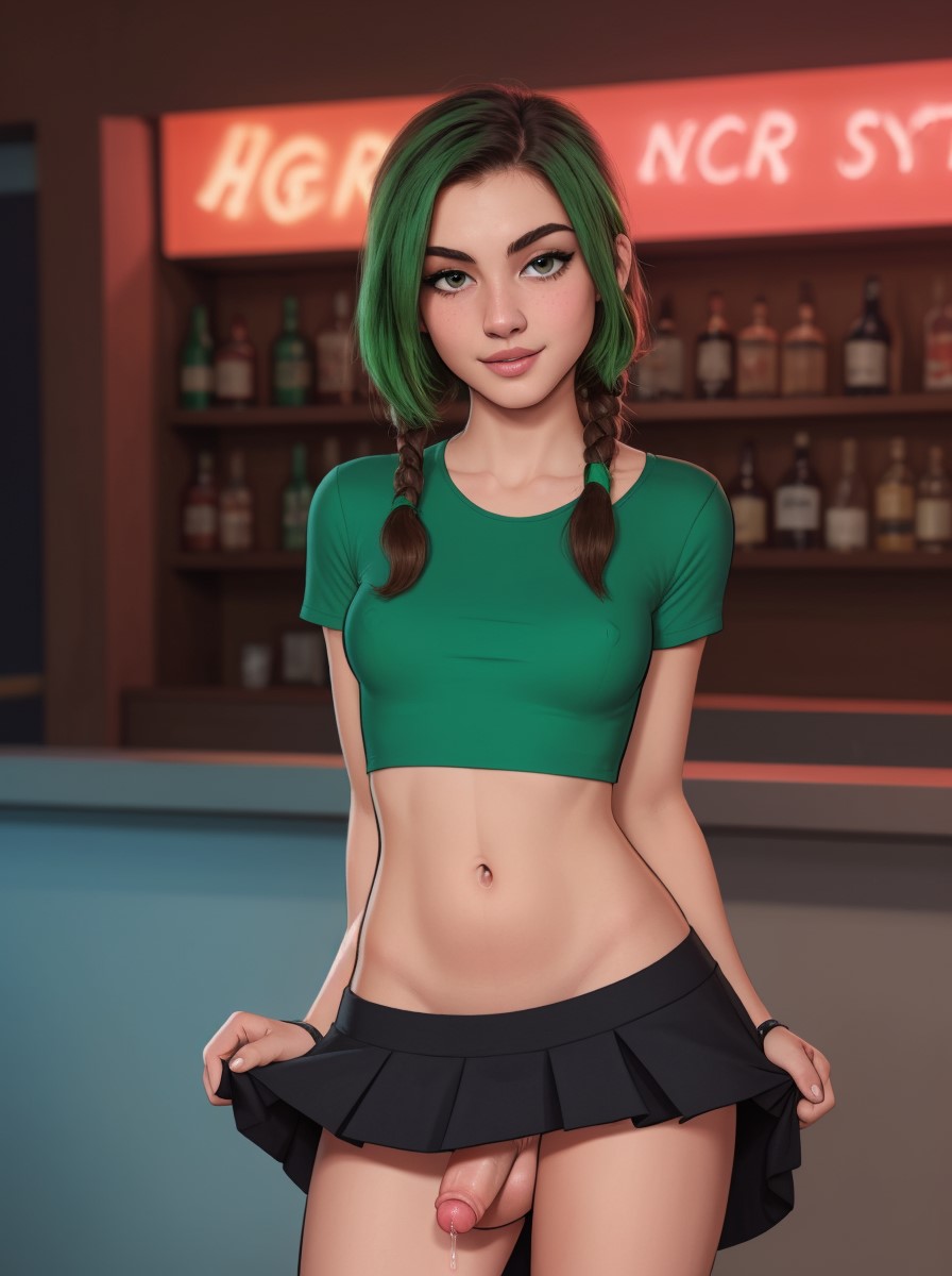 1futa ai_generated alcohol balls balls_under_clothes bar_counter beer bottomless_skirt breasts dickgirl erect_nipples exhibitionism exhibitionist exposed_penis flaccid flaccid_penis futa_only futanari green_clothing intersex makychan nipple_bulge partially_clothed penis penis_out penis_under_clothes penis_under_skirt precum precum_drip public public_exposure public_nudity saint_patricks_day skirt skirt_lift small_breasts upskirt