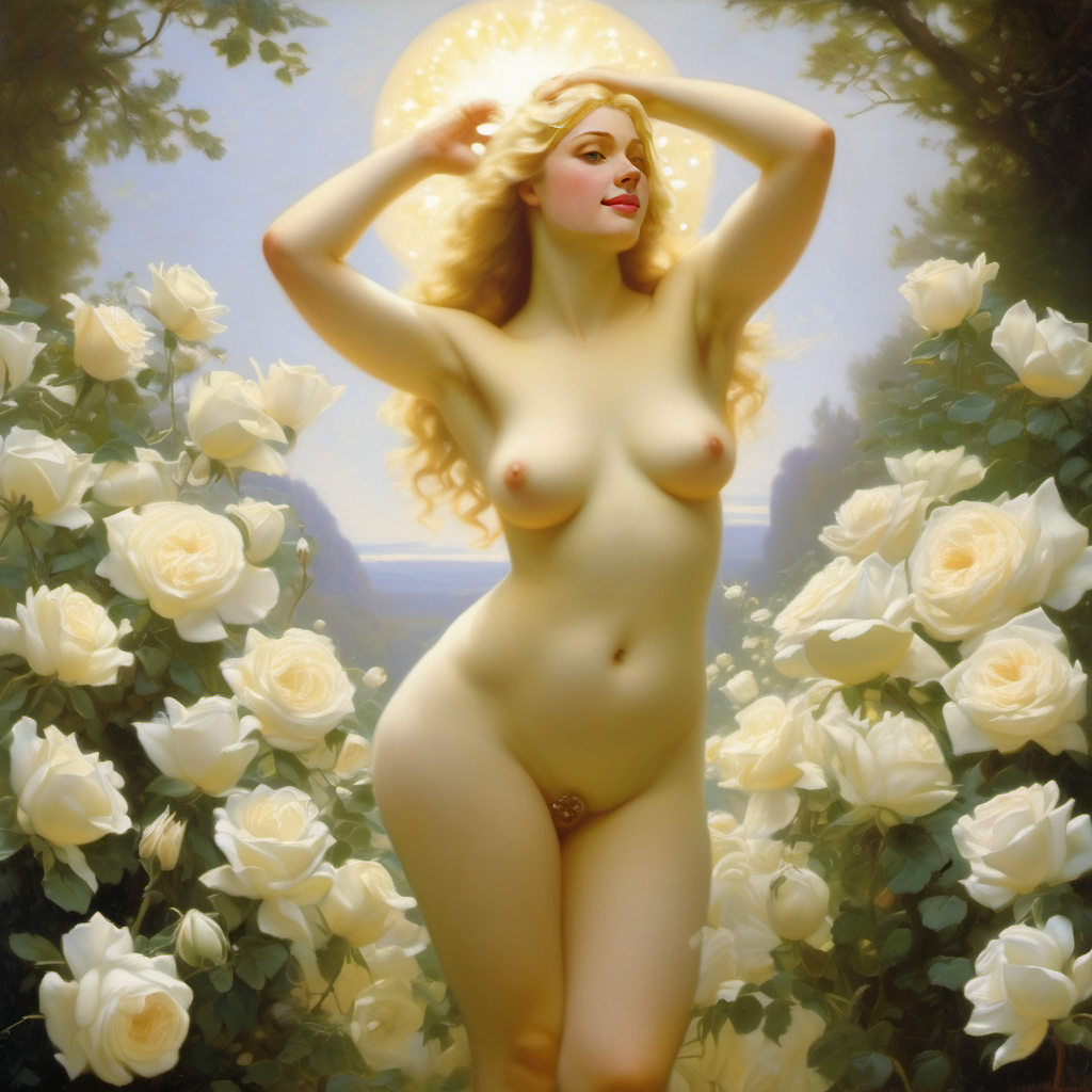 ai_generated belly blonde_hair blue_eyes breasts curly_hair curvy female flower flowers lips long_hair medium_breasts navel nipples nude presenting realistic rose_(flower) smile solo white_rose william_bouguereau