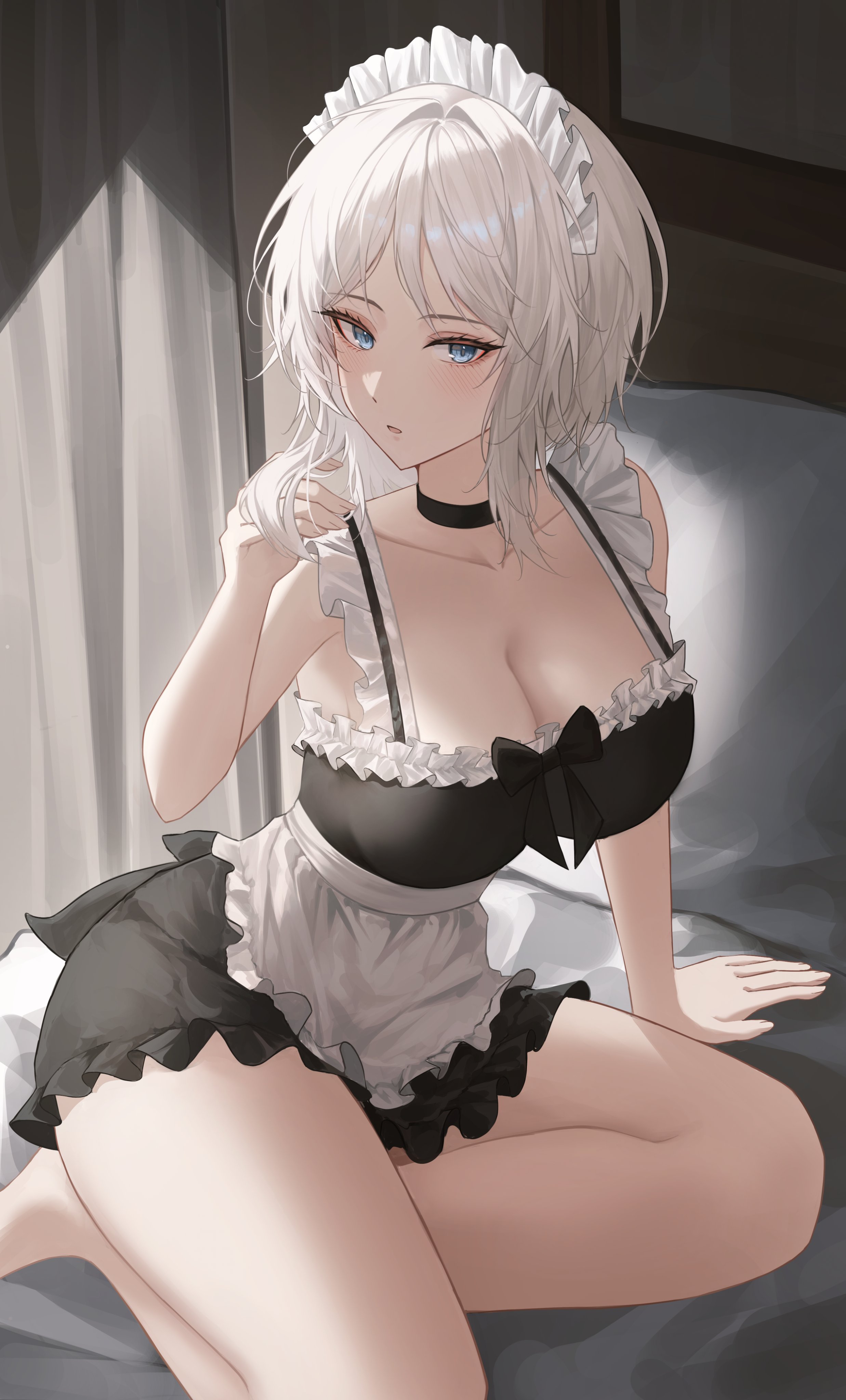 1girls, bed, big breasts, blue eyes, blush, breasts, choker, cleavage, clothing, faust (limbus company), female, limbus company, looking at viewer, maid, maid headdress, maid uniform, pale skin, project moon, revealing clothes, short hair, sitting, white hair