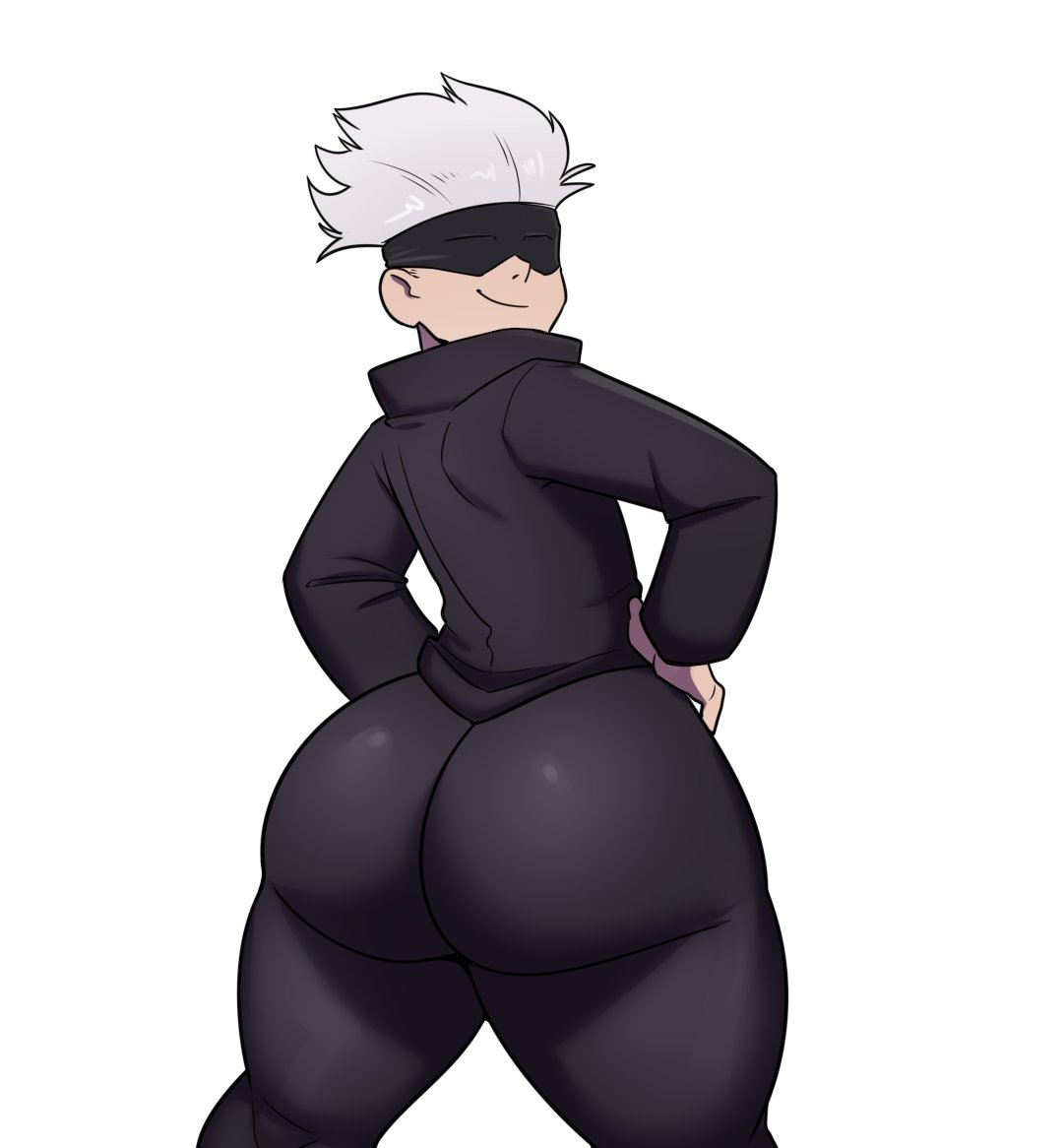 1boy 2024 ass ass_focus back_view big_ass big_butt blindfold blindfolded butt butt_focus fully_clothed goldeneyensfw grey_hair human jujutsu_kaisen looking_back male male_only rear_view satoru_gojo simple_background smile solo standing thick_thighs white_background