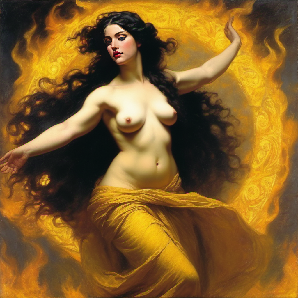 ai_generated belly black_hair breasts curvaceous curvy fire lips long_hair medium_breasts navel seductress william_bouguereau