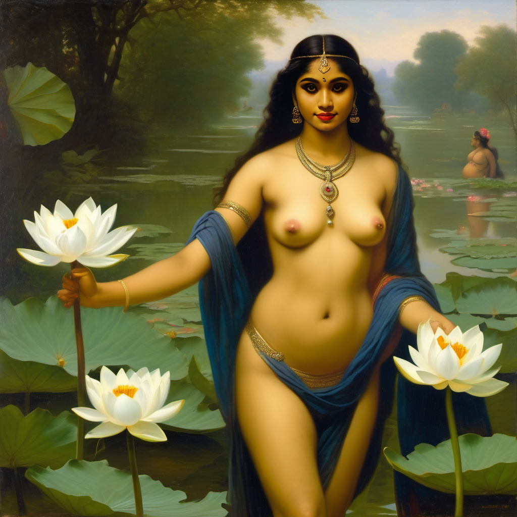 ai_generated belly black_hair breasts curly_hair curvy dark-skinned_female female flower indian_female lips long_hair lotus medium_breasts navel presenting realistic smile solo william_bouguereau