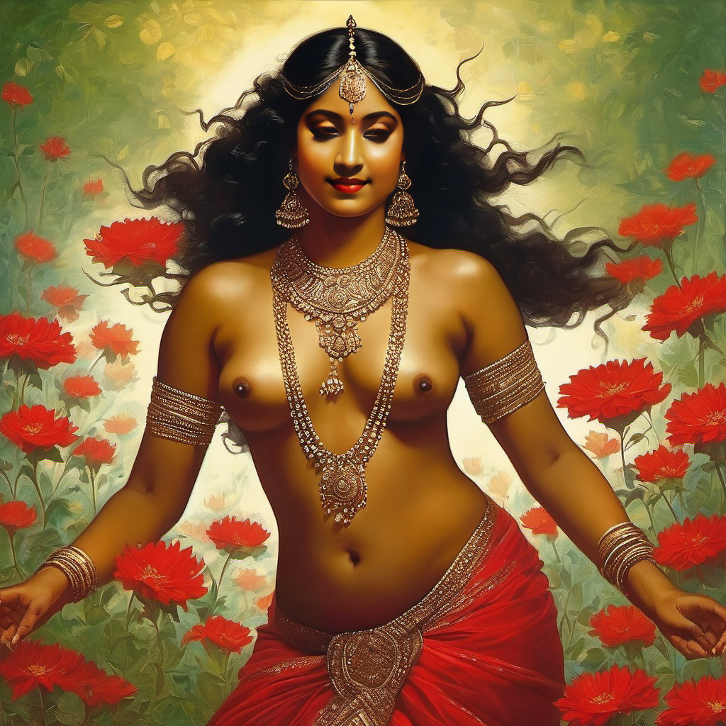 ai_generated belly black_hair bracelet breasts curly_hair curvy dancing dark-skinned_female female flower indian_female lips long_hair medium_breasts navel presenting realistic rose_(flower) smile solo william_bouguereau