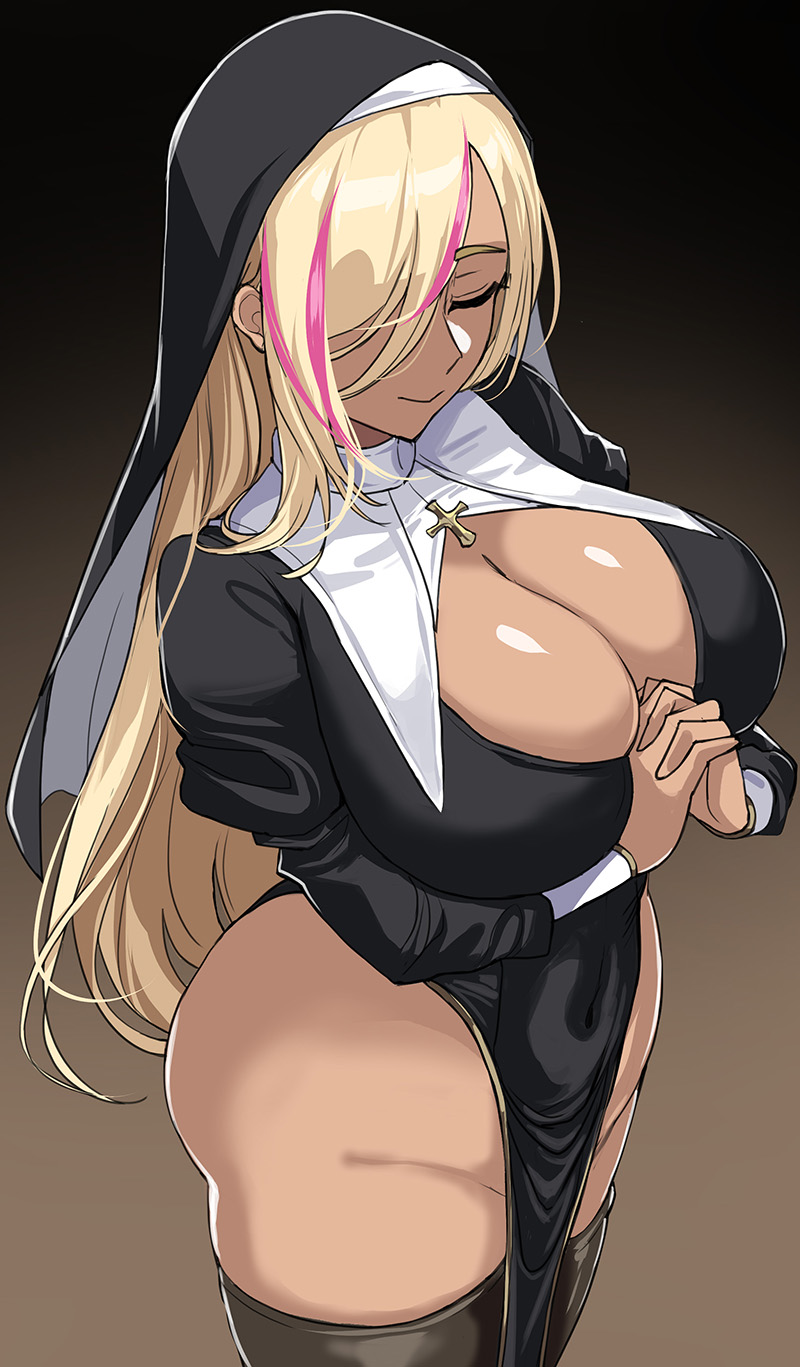 1girls blonde_hair breasts drogod_(artist) female gyaru hips large_breasts long_hair nun nun's_habit nun_outfit original original_character tan tan-skinned_female tanned_skin thick_thighs thighs wide_hips