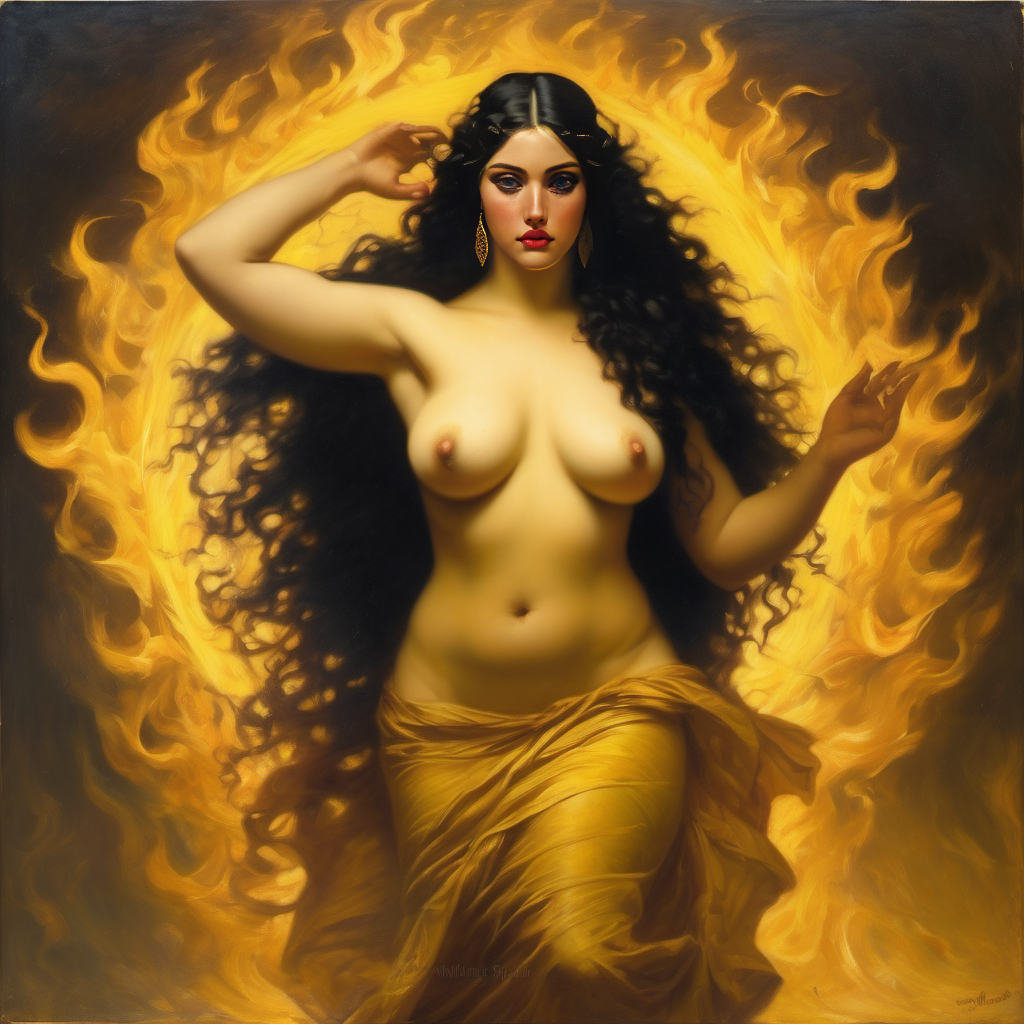 ai_generated belly black_hair breasts curvaceous curvy fire lips long_hair medium_breasts navel seductress william_bouguereau