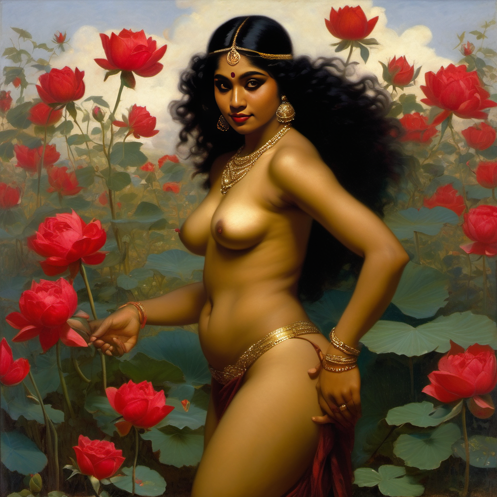 ai_generated belly black_hair bracelet breasts curly_hair curvy dancing dark-skinned_female female flower indian_female lips long_hair medium_breasts navel presenting realistic rose_(flower) smile solo william_bouguereau