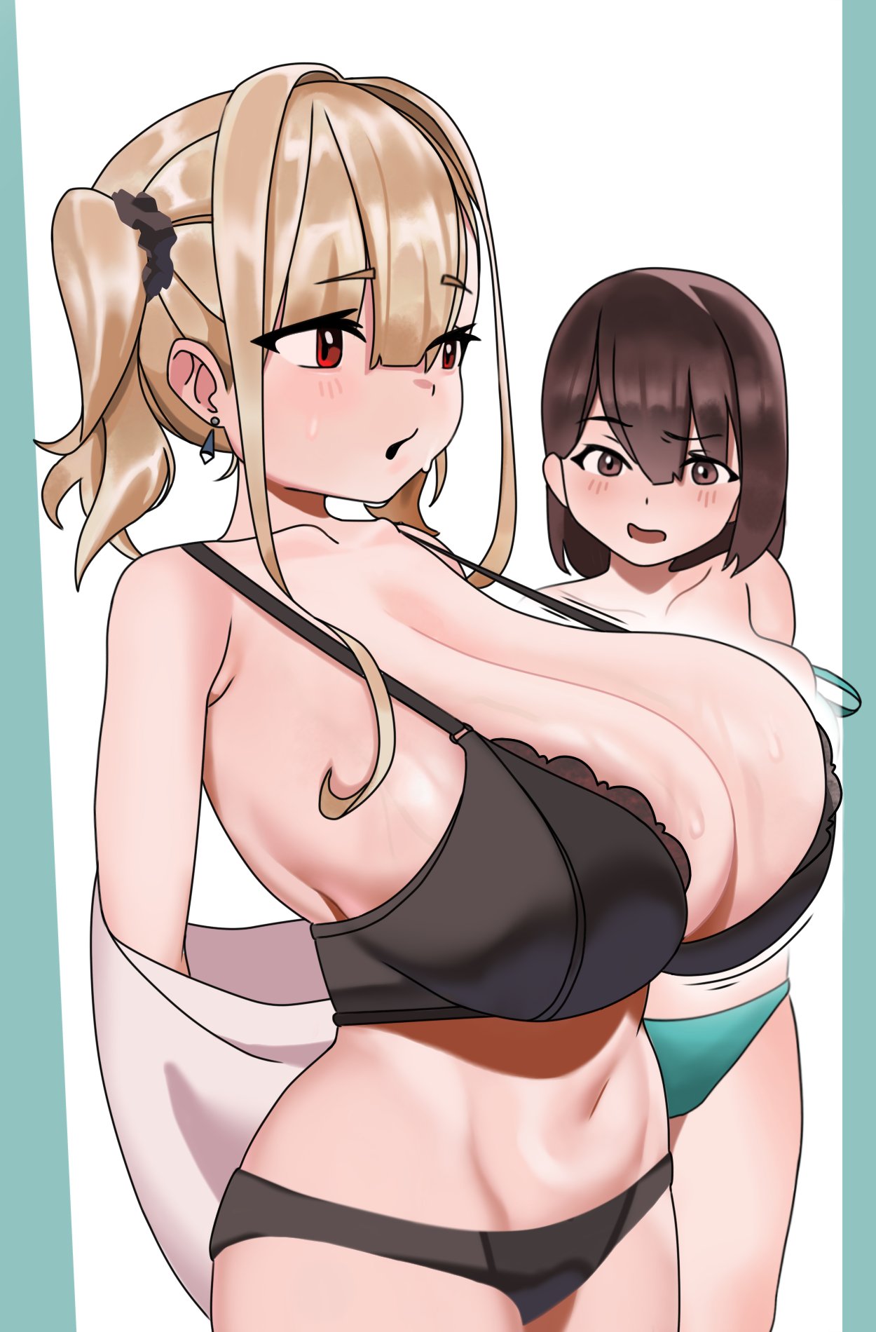 2girls black_underwear blonde_hair breast_envy brown_eyes dark_brown_hair female female_only gigantic_breasts heavy_breathing huge_breasts intenddid lingerie looking_at_another neoteny red_eyes shiny_skin short_hair sweaty taking_clothes_off top_heavy twintails