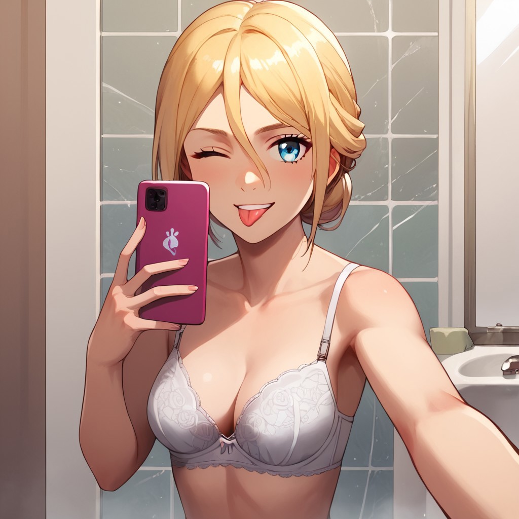 :p ;p ai_generated arms attack_on_titan bare_shoulders bathroom bathroom_sink bathroom_tiles blue_eyes bra cellphone civitai cleavage cute cute_expression cute_face female hair_between_eyes hair_bun historia_reiss holding_object holding_phone looking_at_viewer medium_breasts mirror mirror_reflection mirror_selfie naughty_face naughty_smile one_eye_closed pikachu1938 pointy_chin reaching_out reaching_towards_viewer reflection short_hair single_hair_bun smile tongue tongue_out upper_body upper_body_focus white_bra winking winking_at_viewer