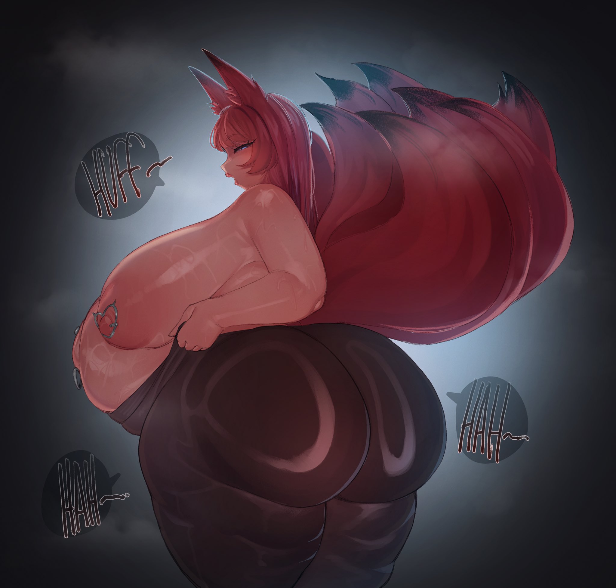 1girls, animal ears, ass, back view, breasts, disproportional, female, female only, gigantic ass, gigantic breasts, huge ass, huge breasts, kemonomimi, looking at viewer, looking back, nipple piercing, nipples, piercing, pregnant, ready to pop, seruroku, solo, solo female, standing, tail, thick thighs, thunder thighs, topless, wide hips