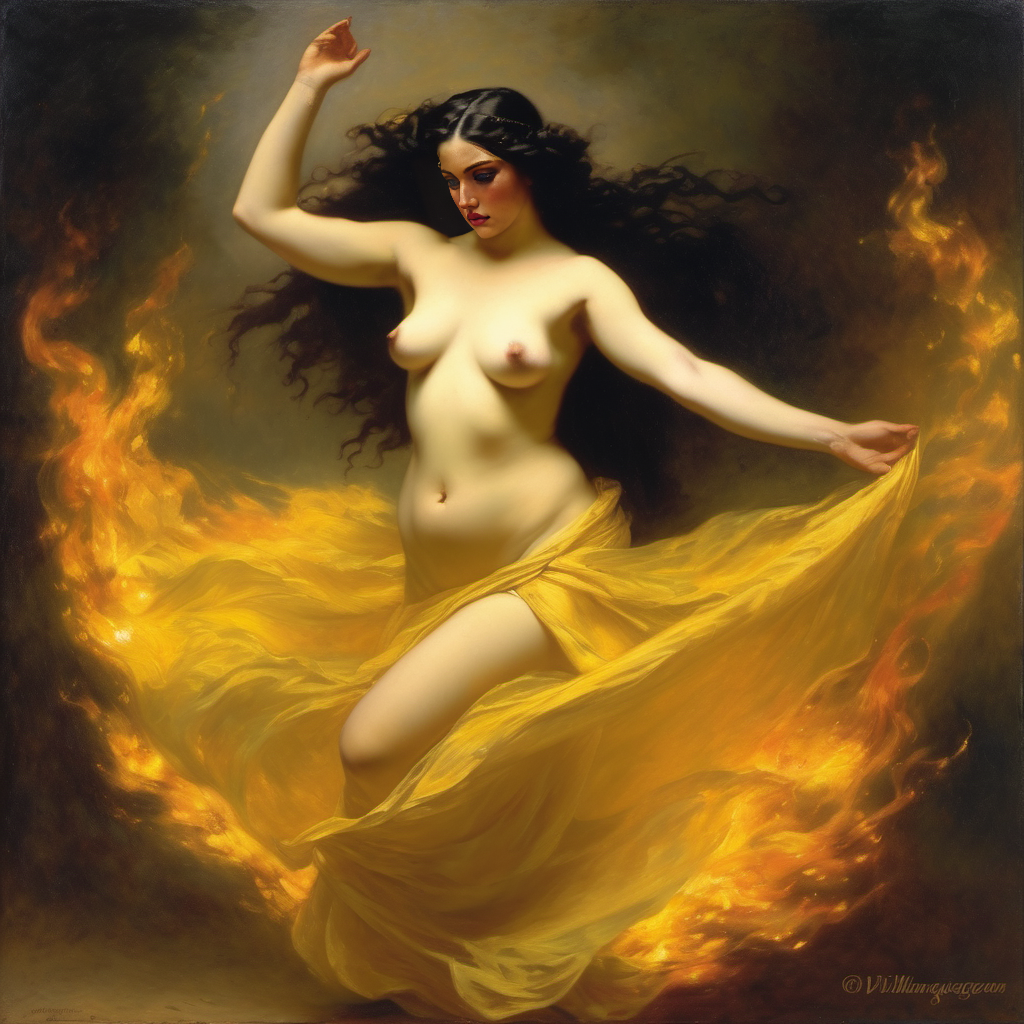 ai_generated belly black_hair breasts curvaceous curvy fire lips long_hair medium_breasts navel seductress william_bouguereau