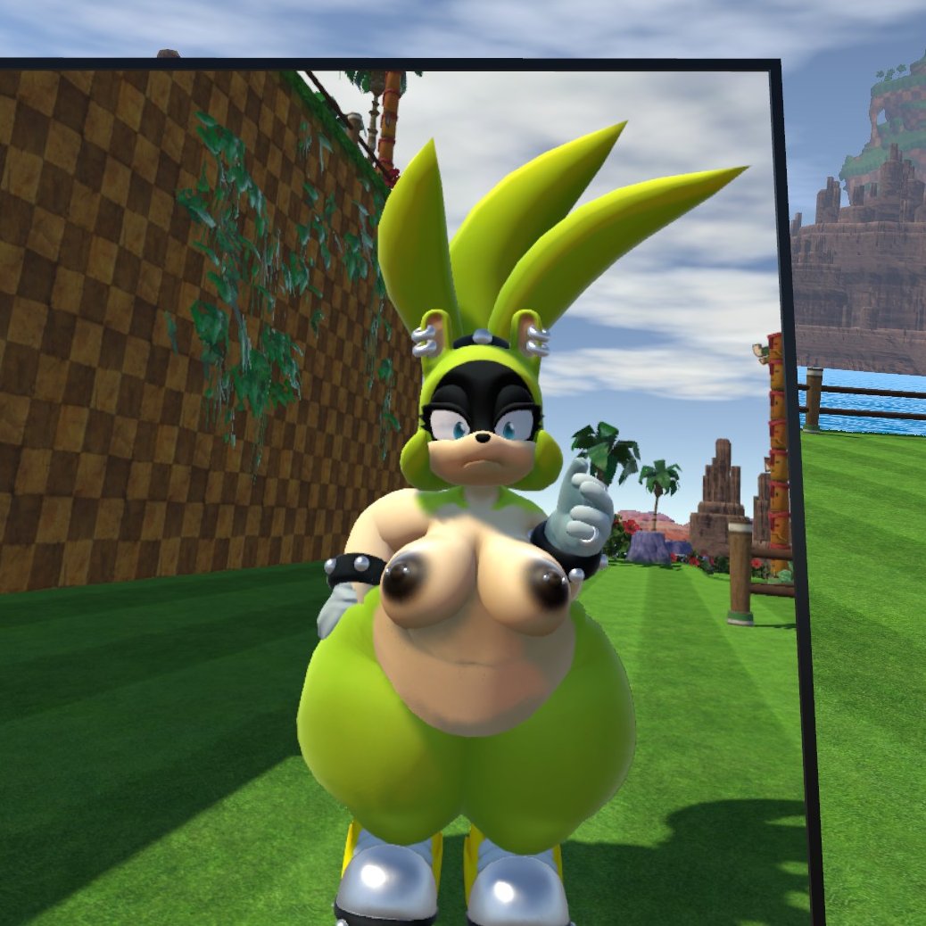 3d 3d_(artwork) big_breasts bra breasts chubby_female chunkerbuns female furry gloves glowing_eyes mostly_nude nipple_piercing ponytail sega sharp_teeth shoes sonic_(series) surge_the_tenrec thong